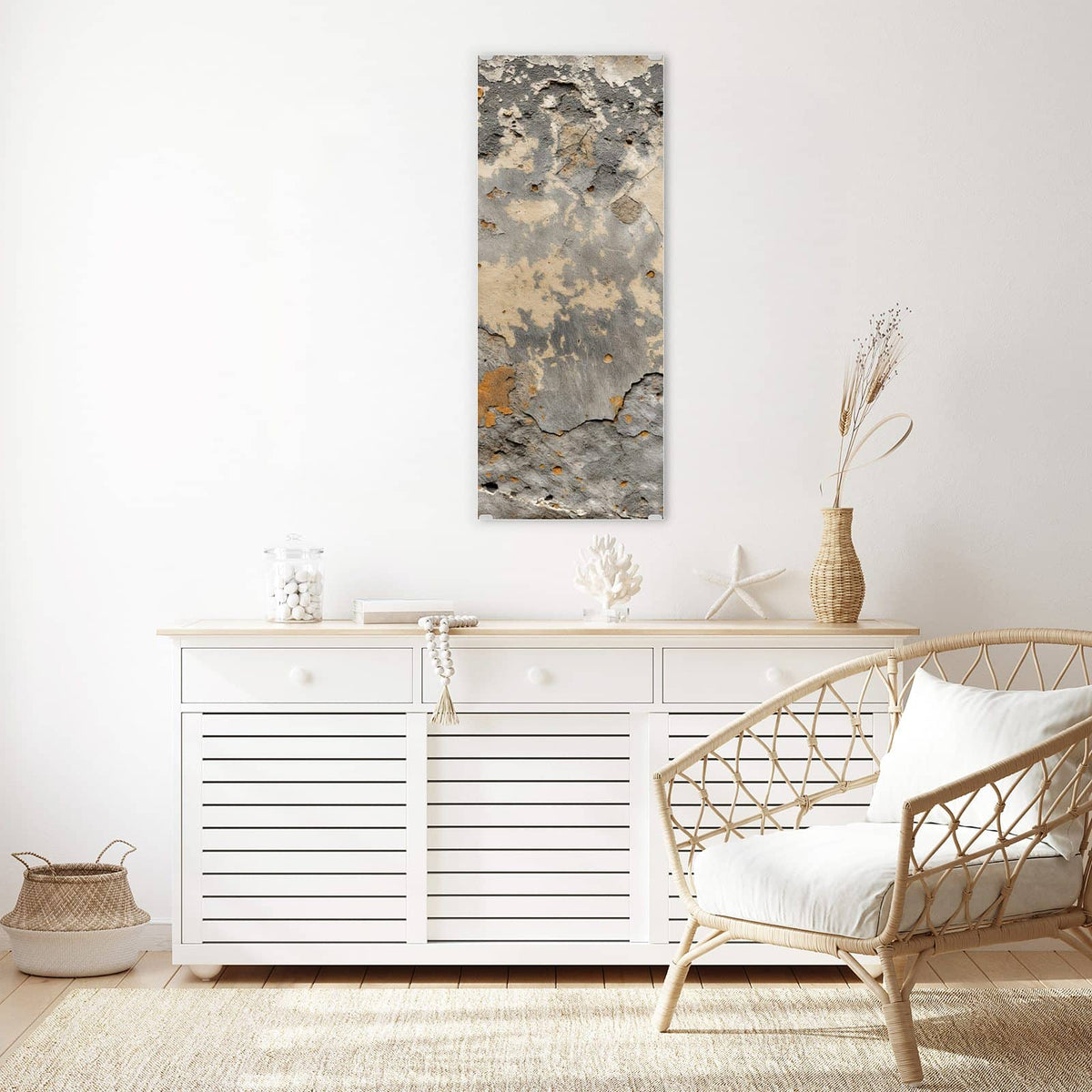 Glasbild Putz in Grau und Ocker an der Wand – Alte Wand mit abgeplatztem Putz in Grau, Beige und Ockerorange
