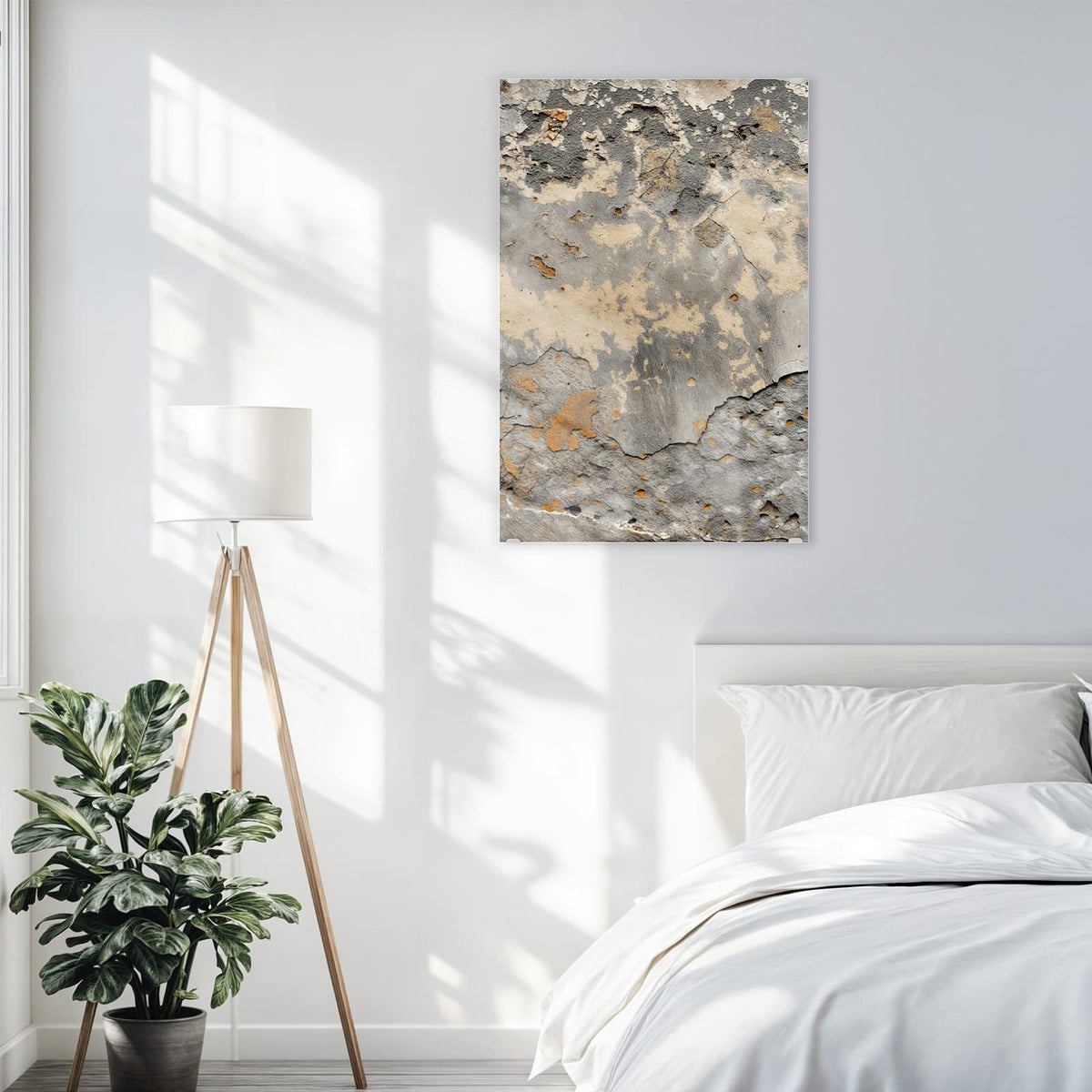 Glasbild Putz in Grau und Ocker an der Wand – Alte Wand mit abgeplatztem Putz in Grau, Beige und Ockerorange