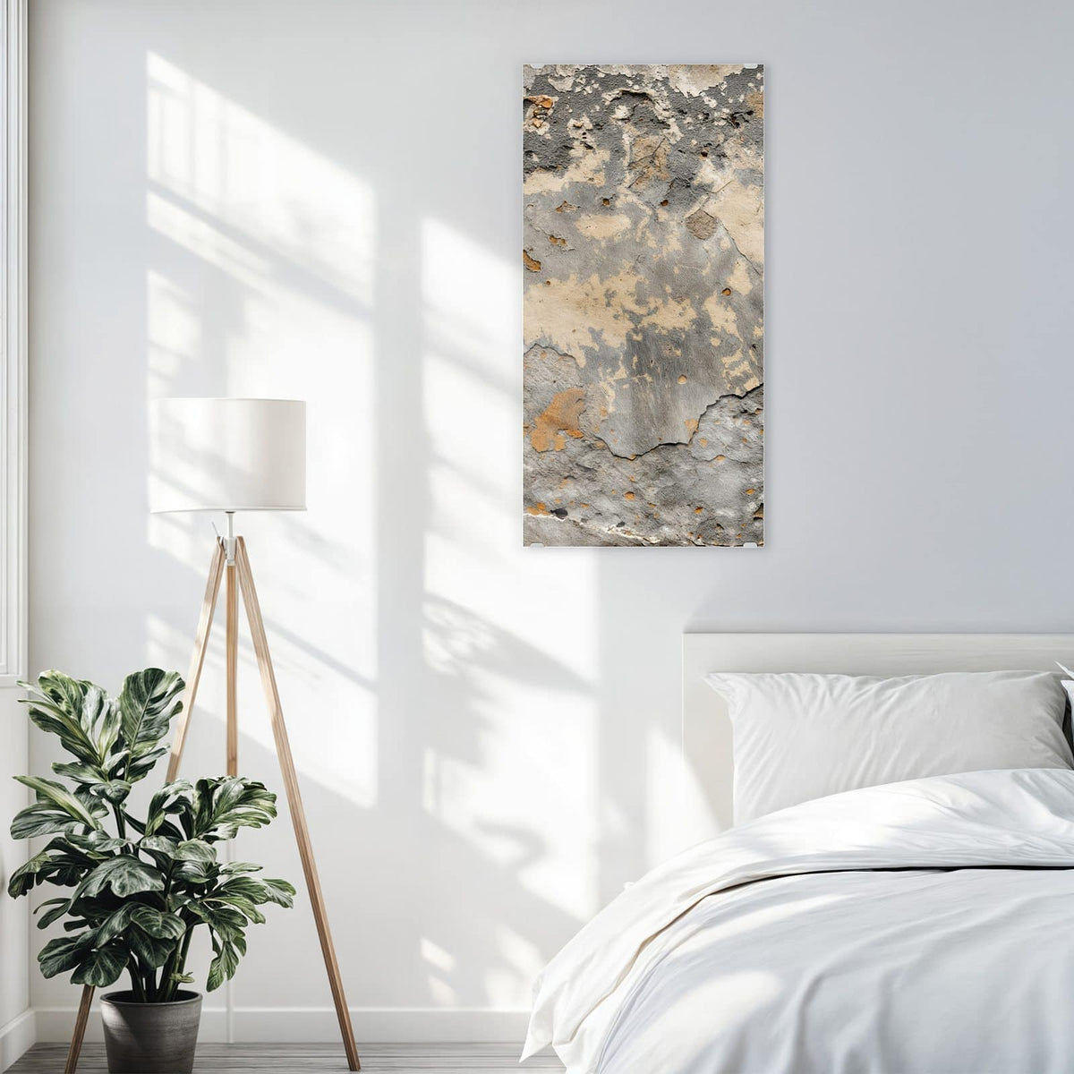 Glasbild Putz in Grau und Ocker an der Wand – Alte Wand mit abgeplatztem Putz in Grau, Beige und Ockerorange