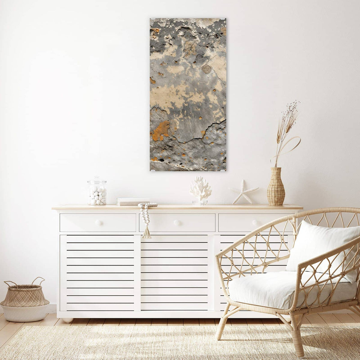 Glasbild Putz in Grau und Ocker an der Wand – Alte Wand mit abgeplatztem Putz in Grau, Beige und Ockerorange