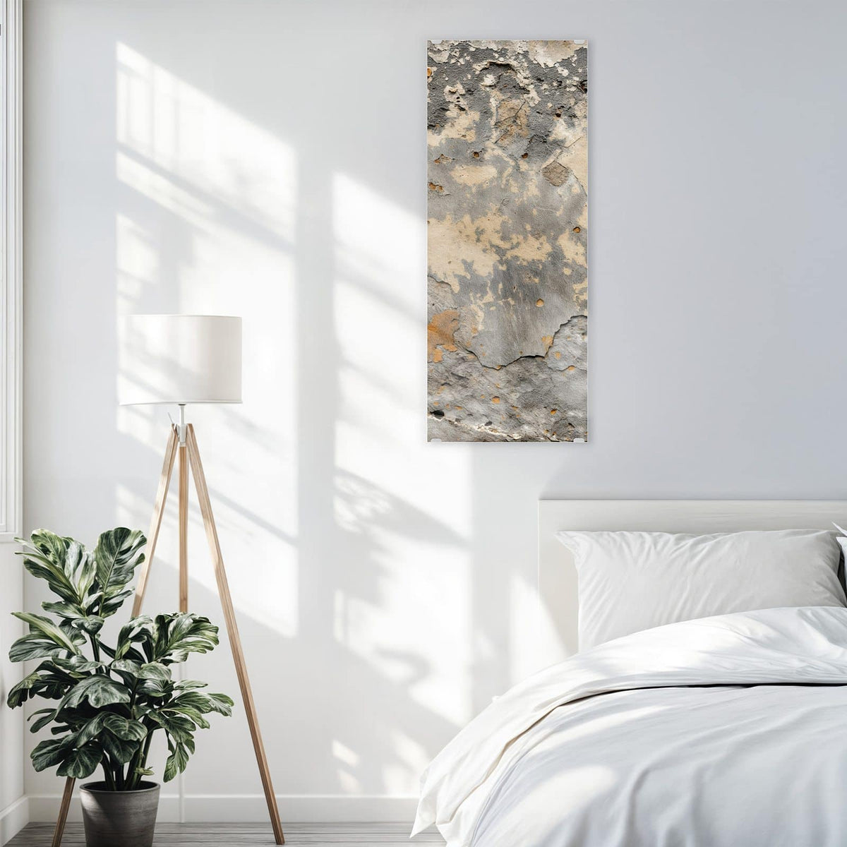 Glasbild Putz in Grau und Ocker an der Wand – Alte Wand mit abgeplatztem Putz in Grau, Beige und Ockerorange
