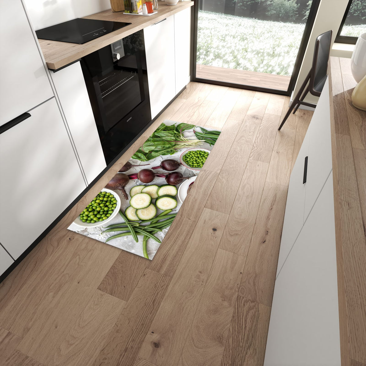 Formstabiler Küchenläufer mit Motiv Frisches Gemüse Teller in moderner Küche #grösse_60 x 150 cm