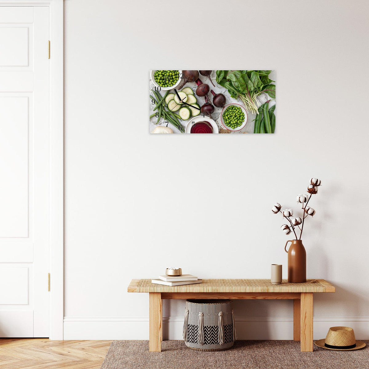 Moderne Wanduhr aus Glas mit Farbtiefe – Wanduhr Frisches Gemüse Teller aus Glas – Querformat 60 × 30 cm