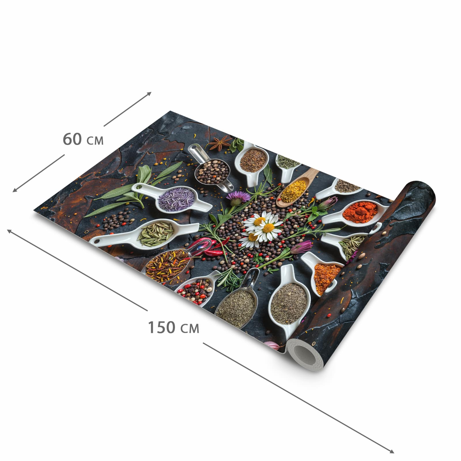 Fleckenresistenter Küchenteppich mit Motiv Kräuter und Gewürze in der Grösse 60x120 cm