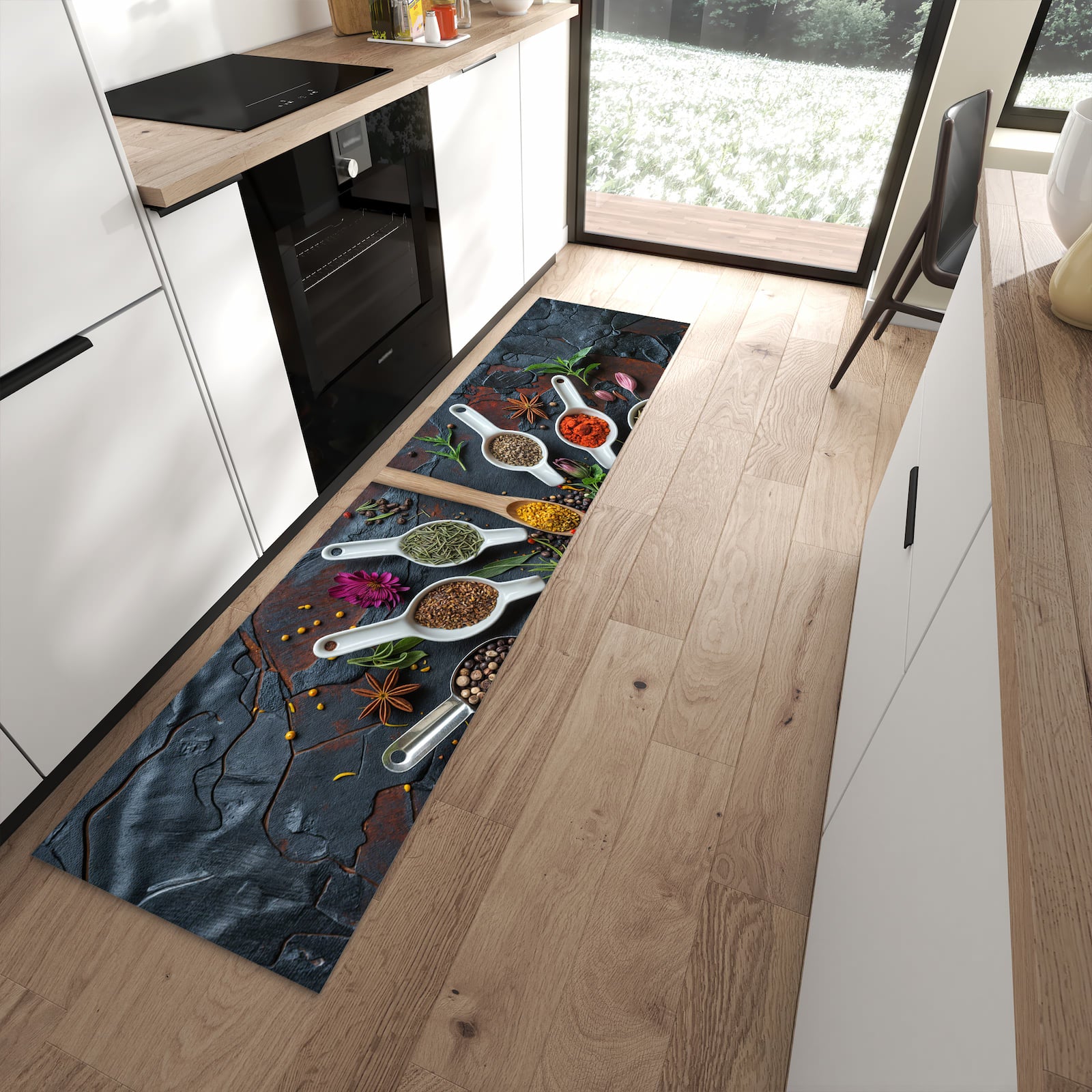Küchenteppich mit Motiv Kräuter und Gewürze für angenehme Haptik in moderner Küche