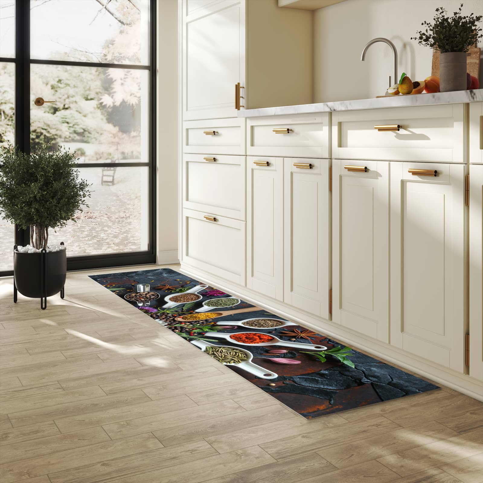 Abriebfester waschbarer Teppich Küche mit Motiv Kräuter und Gewürze in heller Küche