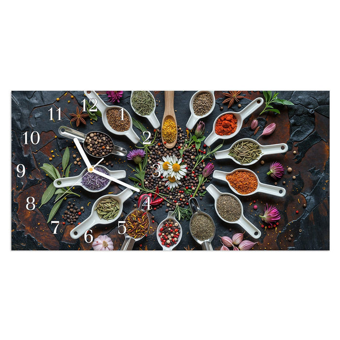 Wanduhr Kräuter und Gewürze aus Glas – Querformat 60 × 30 cm mit Ziffernblatt Klassisch