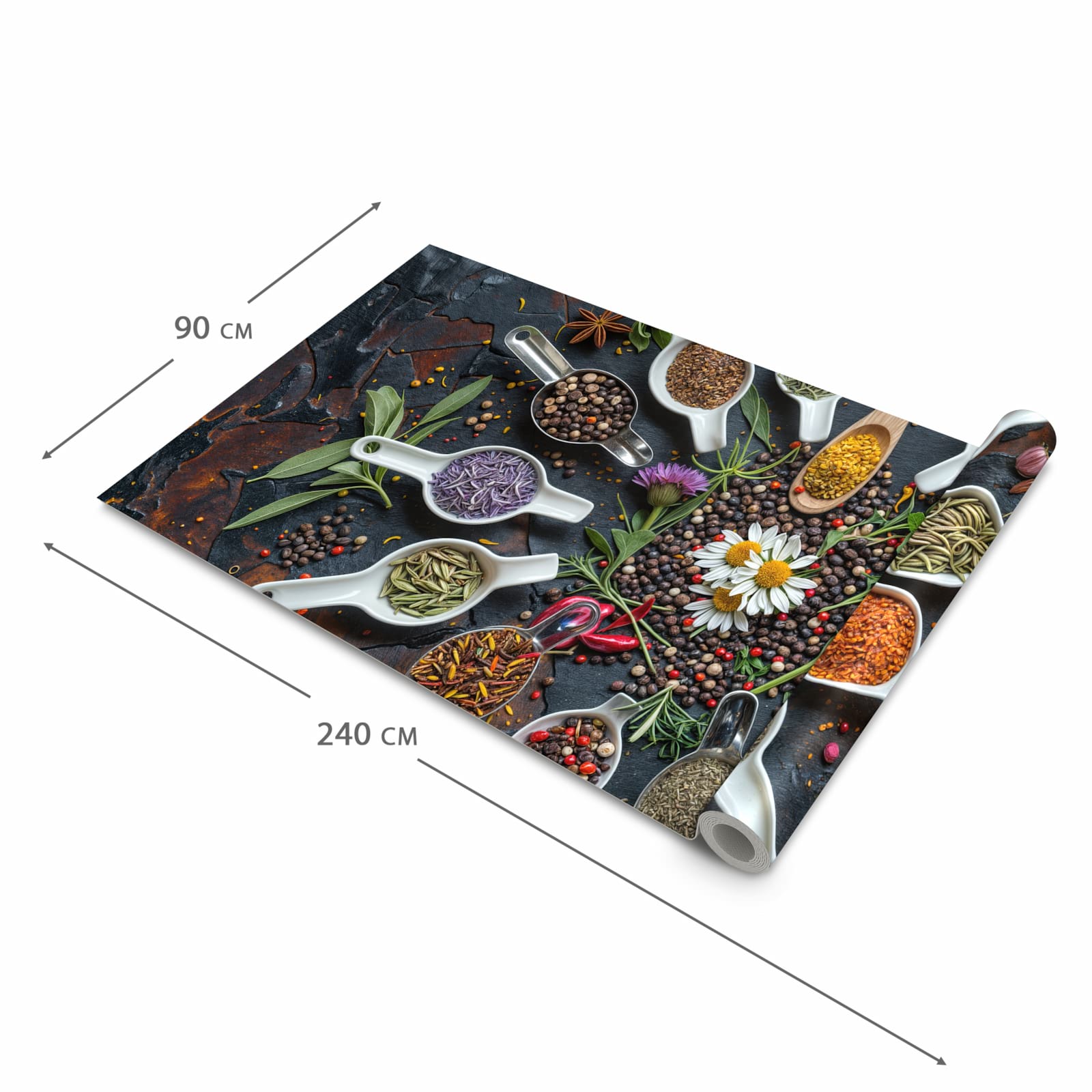 Strapazierfähiger waschbarer Küchenläufer mit Motiv Kräuter und Gewürze in der Grösse 60x150 cm