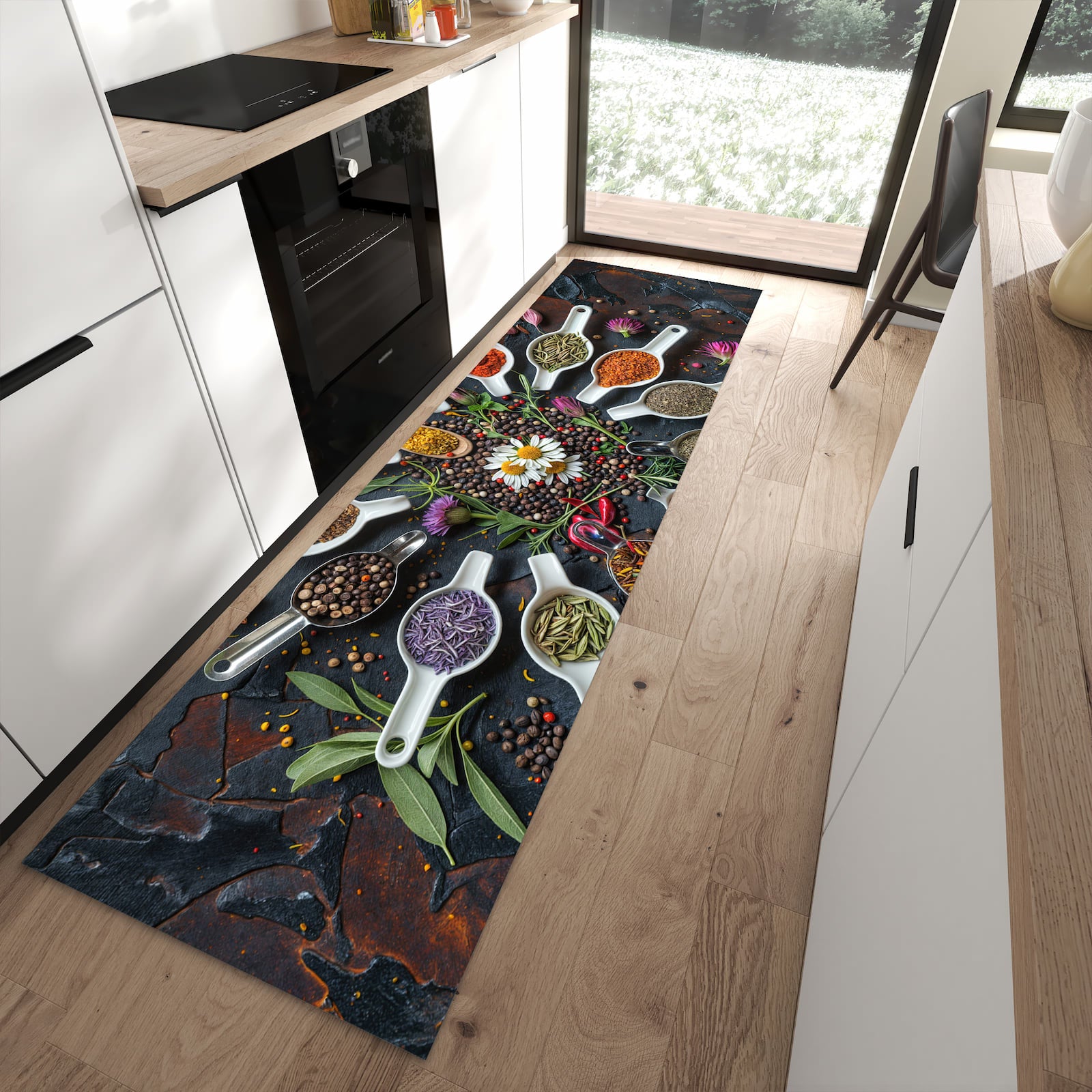 Feuchtigkeitsresistenter waschbarer Küchenläufer mit Motiv Kräuter und Gewürze in moderner Küche