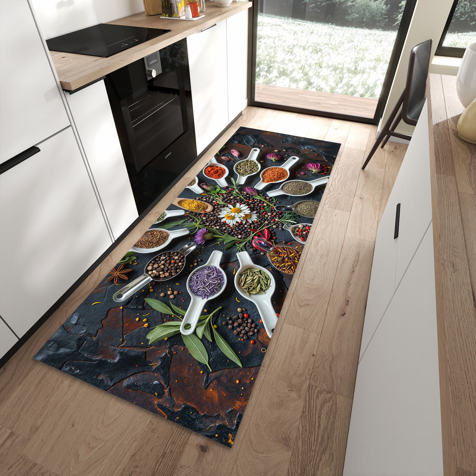 Bodenschonender Küchenläufer nach Maß mit Motiv Kräuter und Gewürze in moderner Küche
