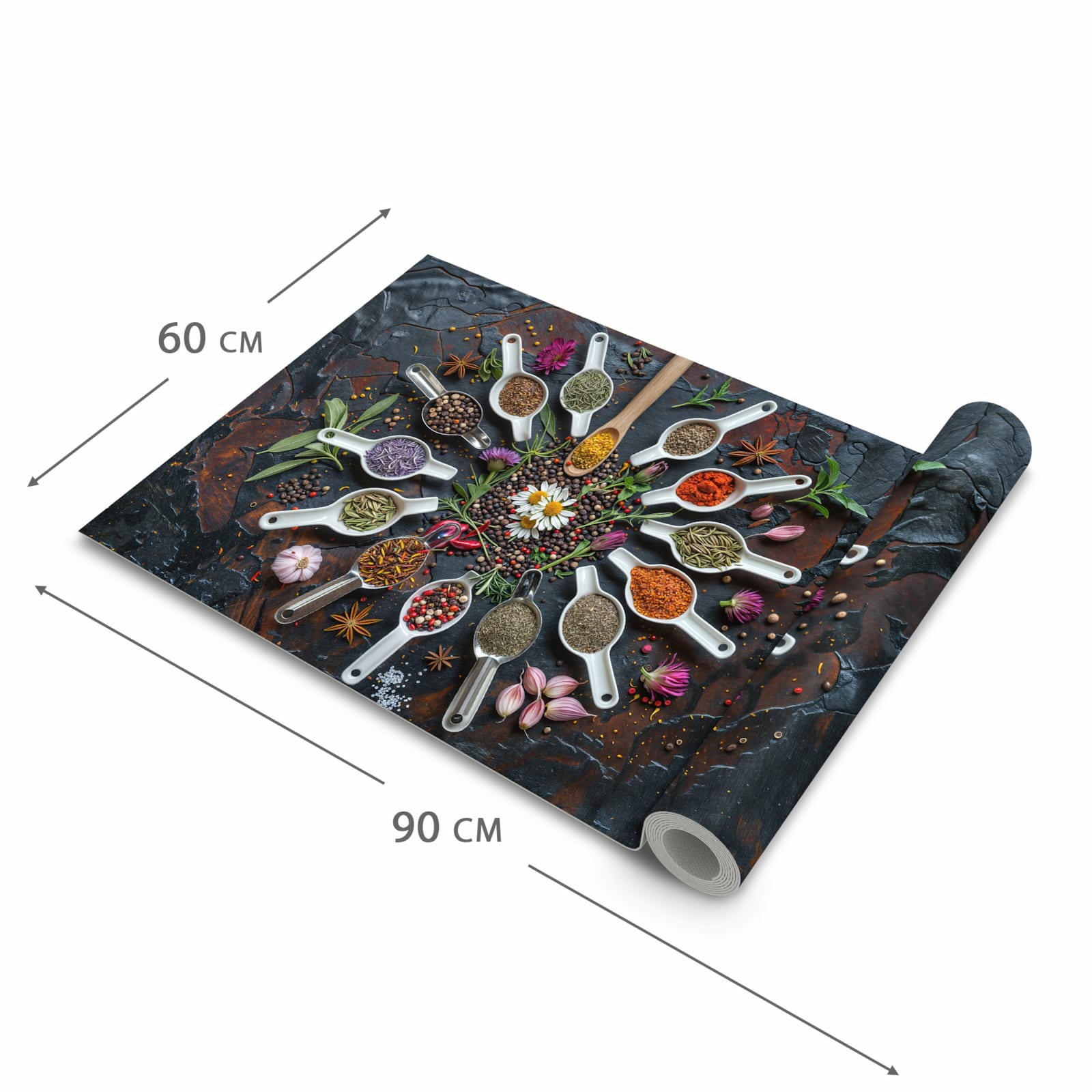 Pflegeleichter Küchenvorleger mit Motiv Kräuter und Gewürze in der Größe 60x150 cm