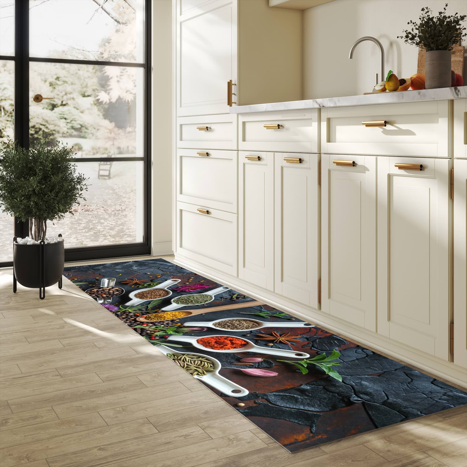 Geruchsneutraler langer Teppich mit Motiv Kräuter und Gewürze in heller Küche