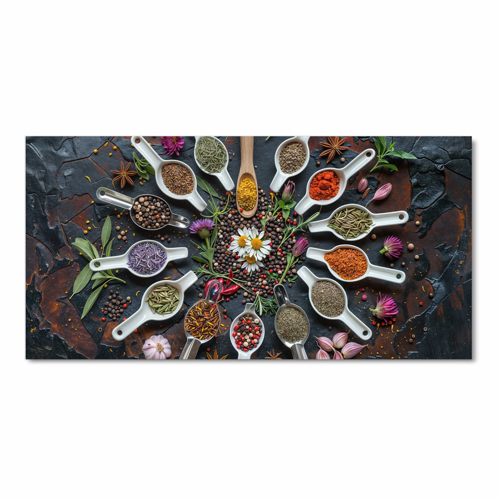 Waschbarer Küchenläufer mit Motiv Kräuter und Gewürze in Frontansicht für angenehme Haptik