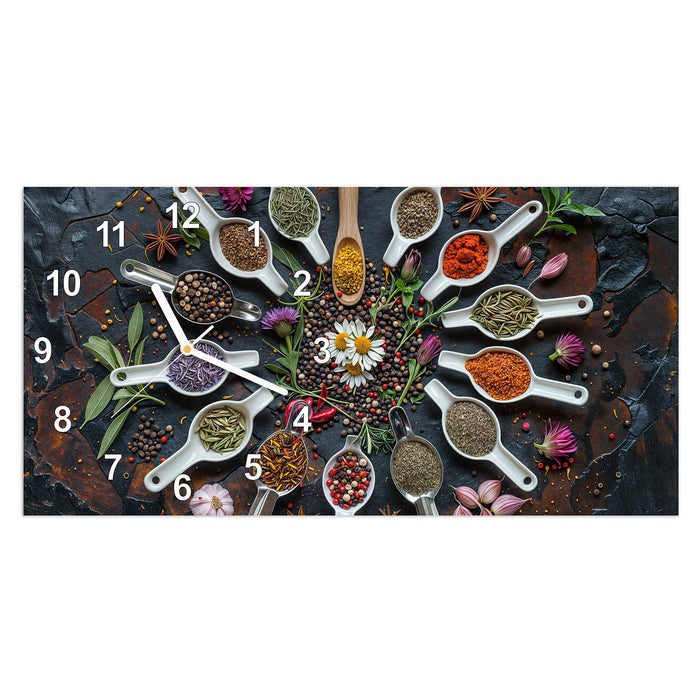Wanduhr Kräuter und Gewürze aus Glas – Querformat 60 × 30 cm mit Ziffernblatt Modern