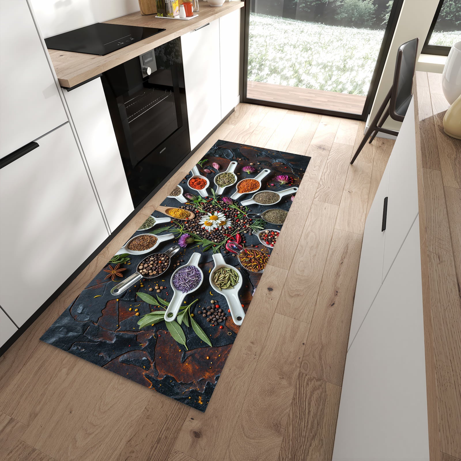 Langlebiger rutschfester Küchenläufer mit Motiv Kräuter und Gewürze in moderner Küche