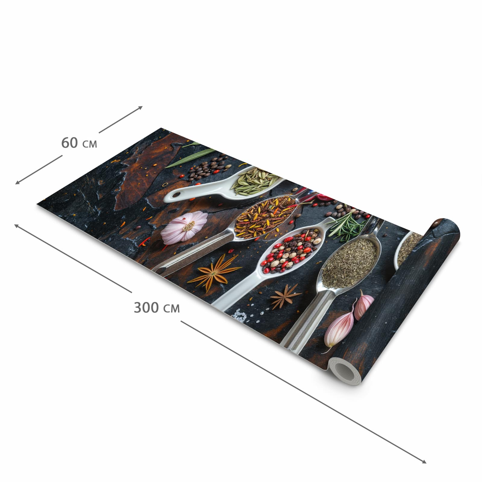 Flacher Küchenteppich mit Motiv Kräuter und Gewürze in der Grösse 60x150 cm