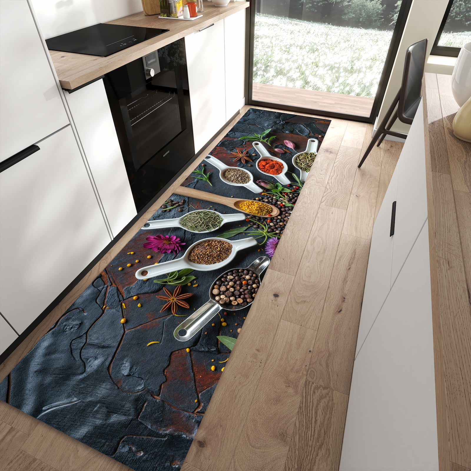 Bodenschonender rutschfester Küchenläufer mit Motiv Kräuter und Gewürze in moderner Küche