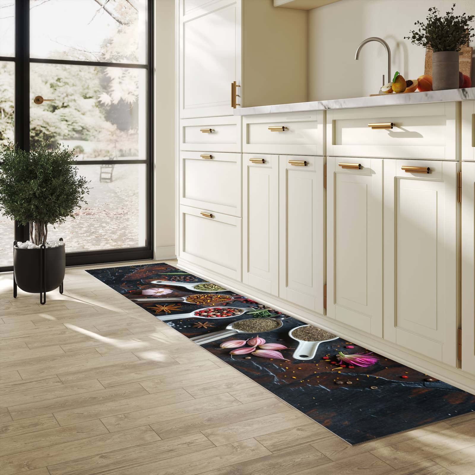 UV-beständiger Küchenläufer mit Motiv Kräuter und Gewürze in heller Küche