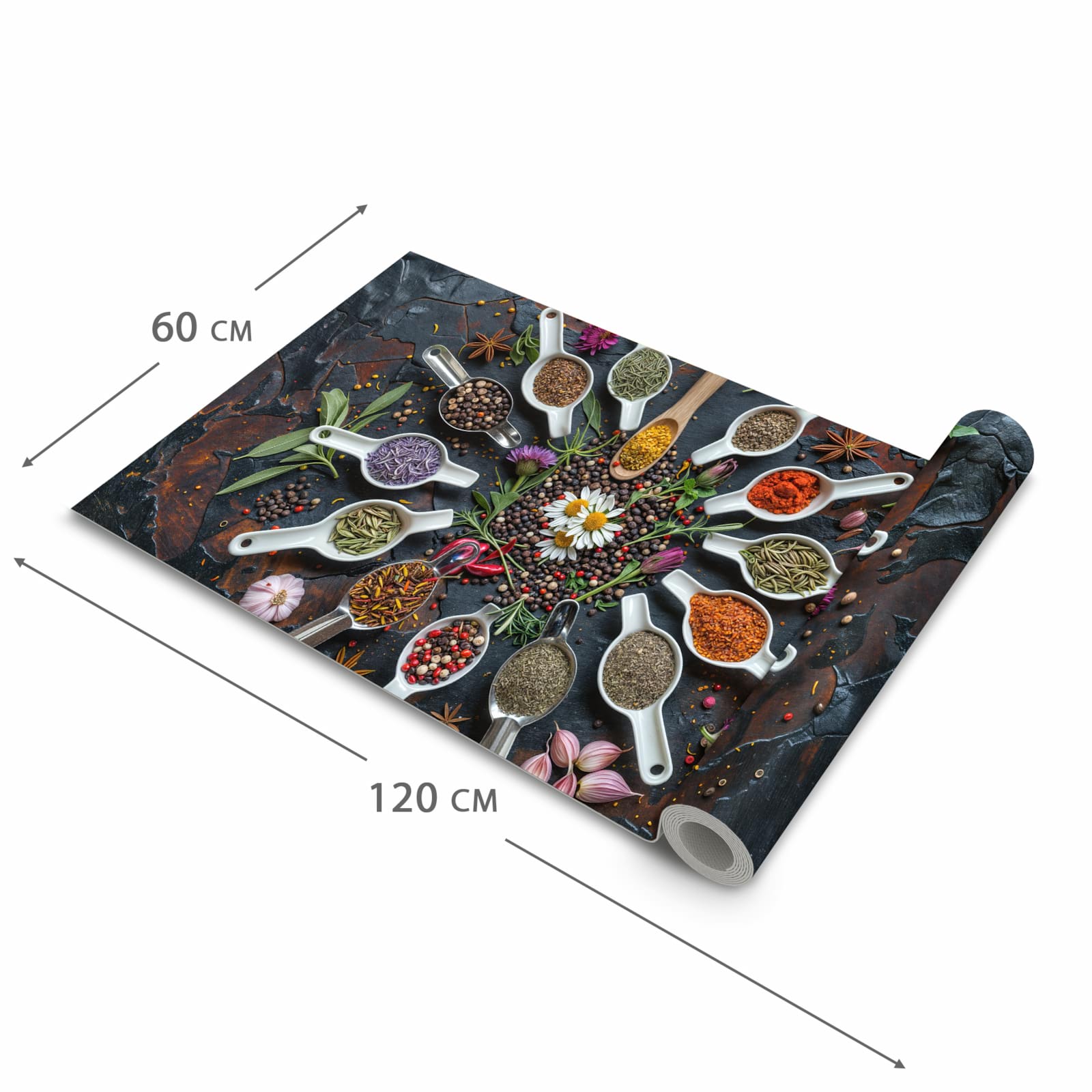 Wasserabweisender Küchenteppich mit Motiv Kräuter und Gewürze in der Grösse 60x120 cm