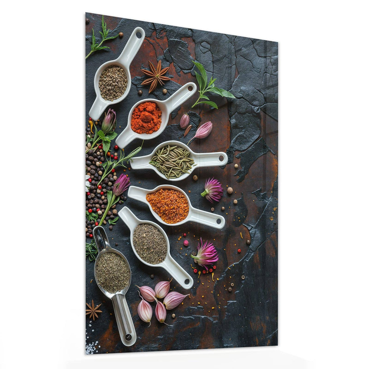 11 Größen – von 30 × 60 bis 60 × 150 cm – Wandbild - Gewürzkreis mit Löffeln - Hochformat