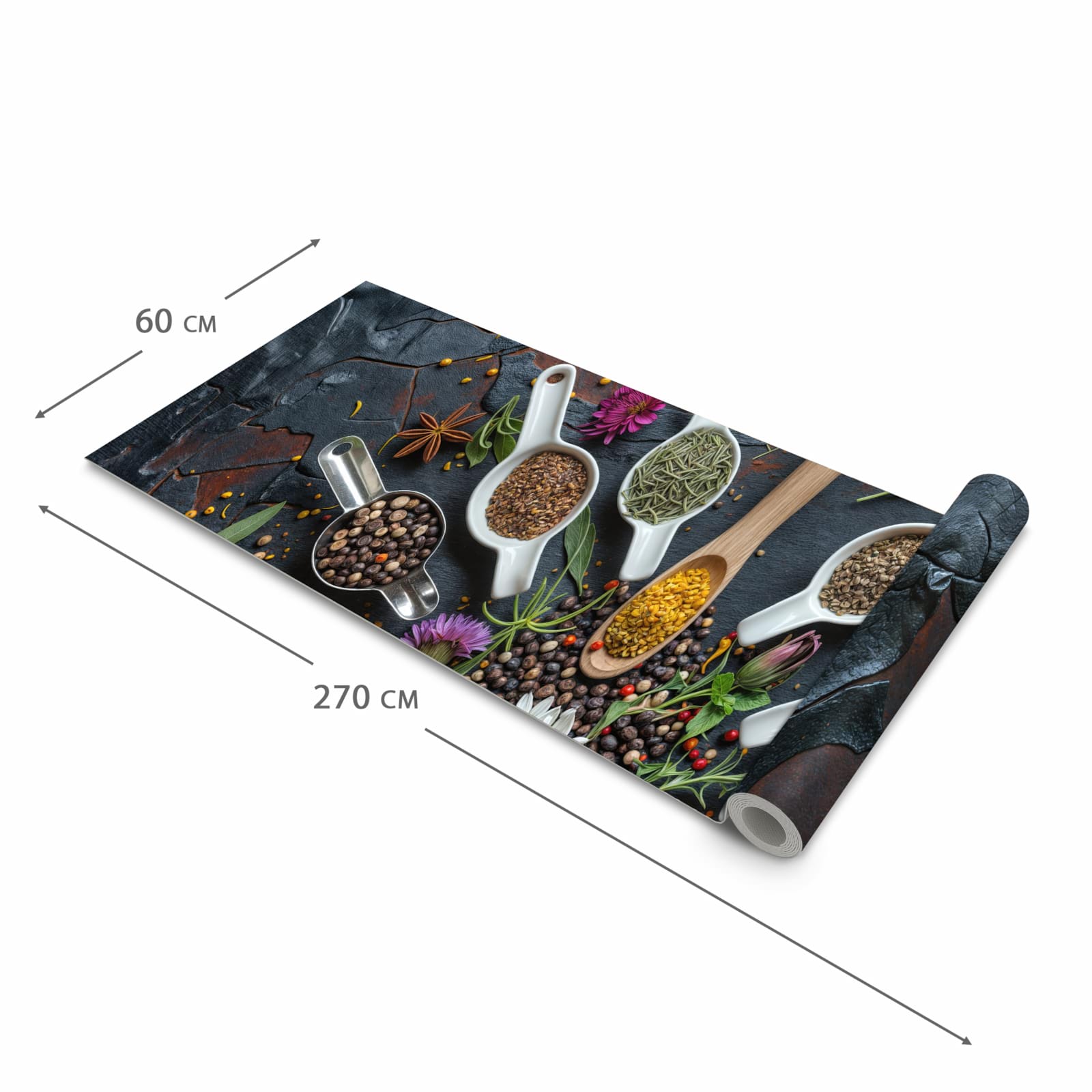 Langlebiger Küchenläufer mit Motiv Kräuter und Gewürze in der Grösse 60x150 cm