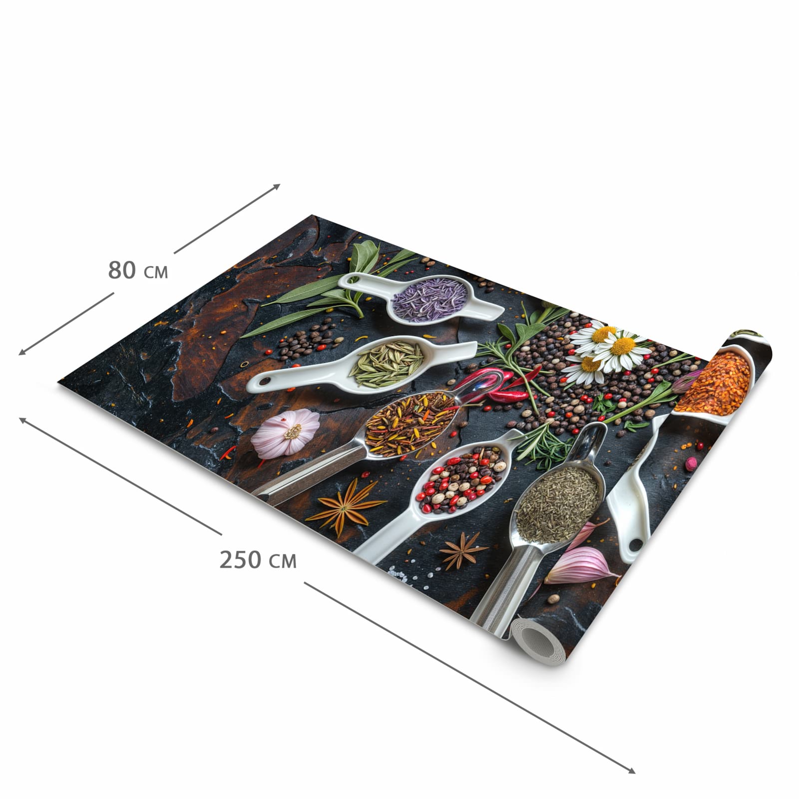 Rutschhemmender Küchenläufer mit Motiv Kräuter und Gewürze in der Größe 60x150 cm