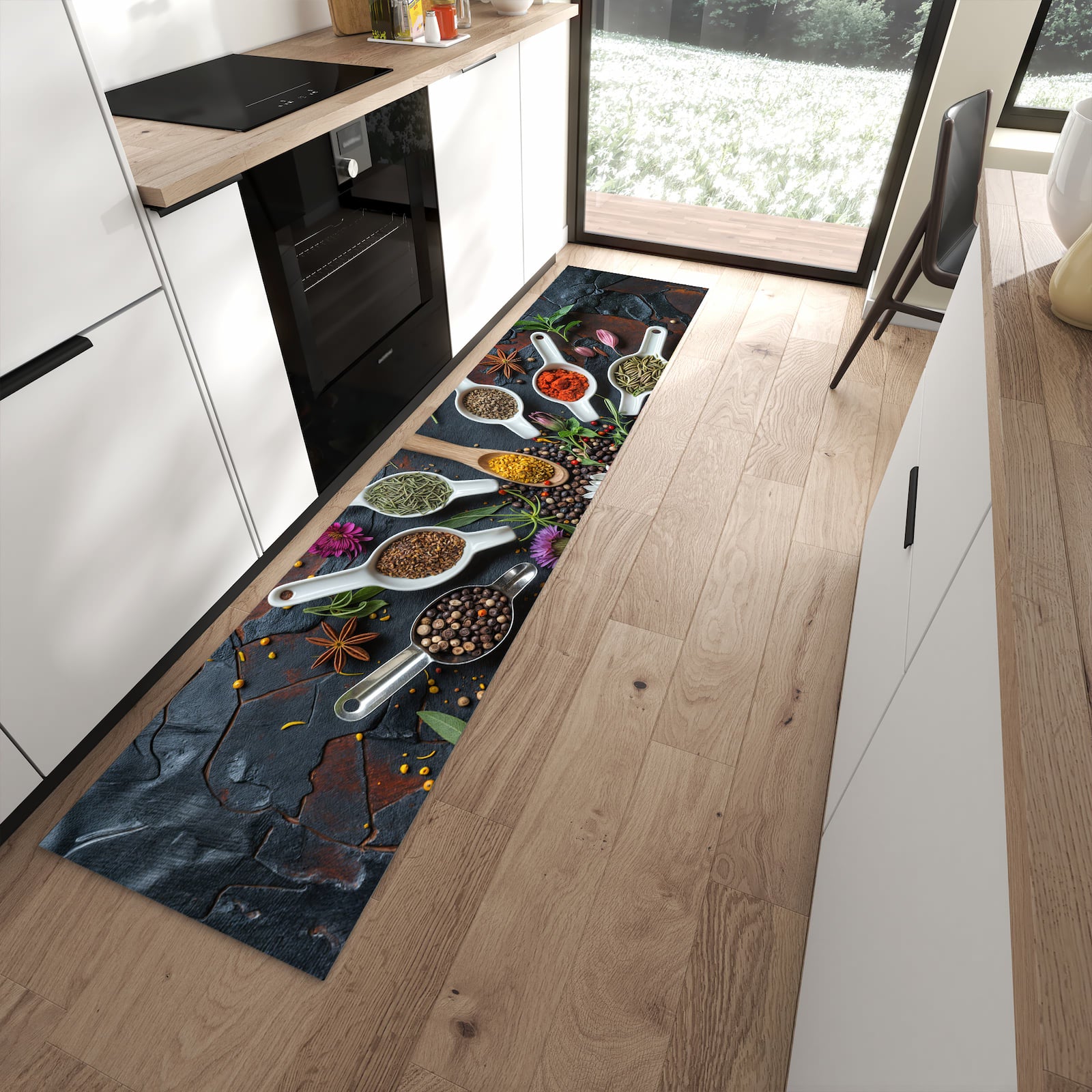 Hygienischer Küchenläufer mit Motiv Kräuter und Gewürze in moderner Küche