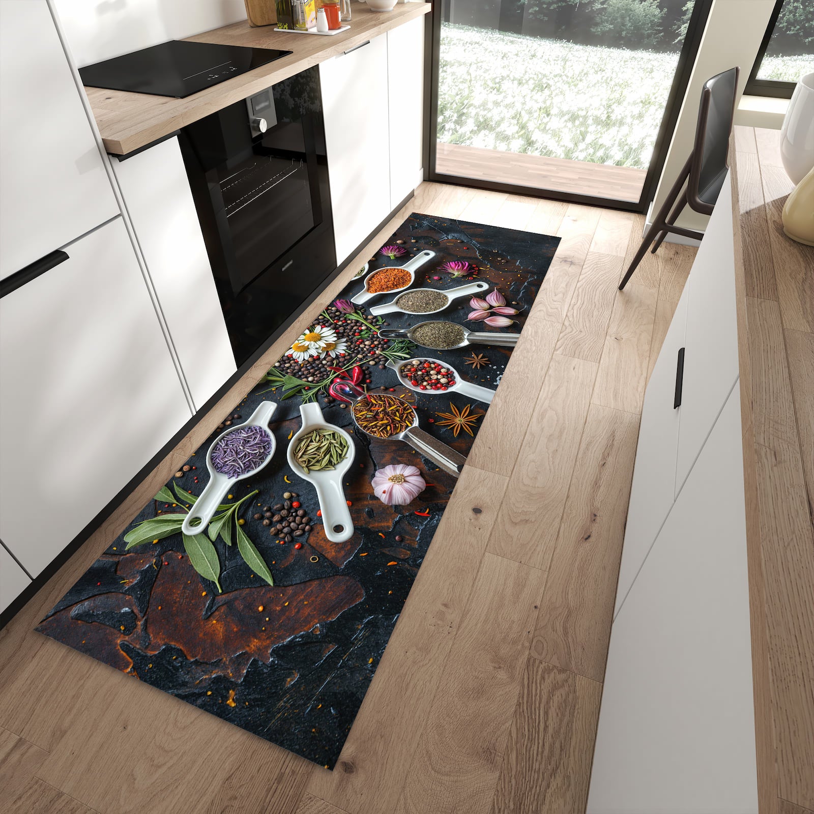 Rutschfester Küchenläufer mit Motiv Kräuter und Gewürze in moderner Küche