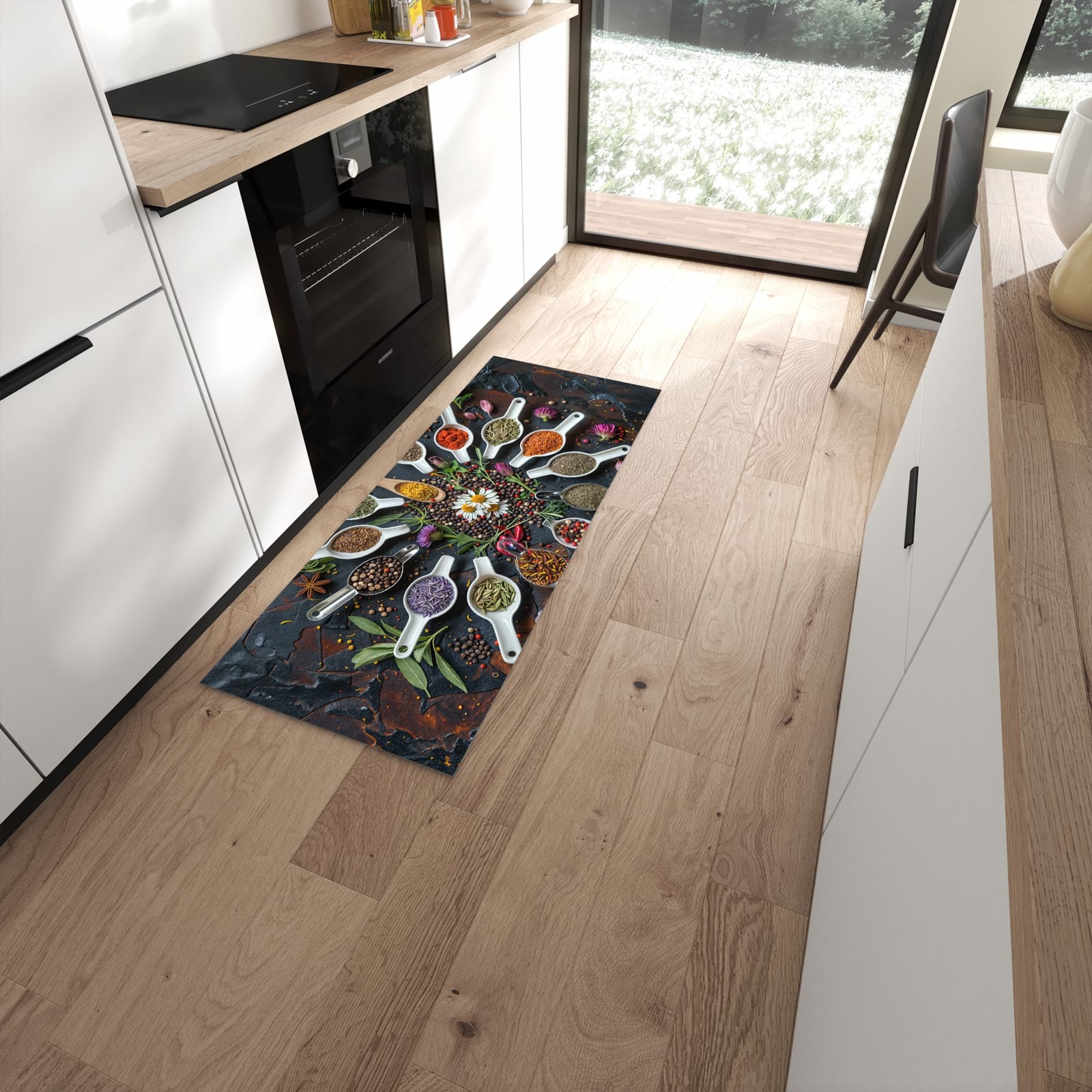 Rutschfester Küchenteppich mit Motiv Kräuter und Gewürze in moderner Küche #grösse_60 x 150 cm