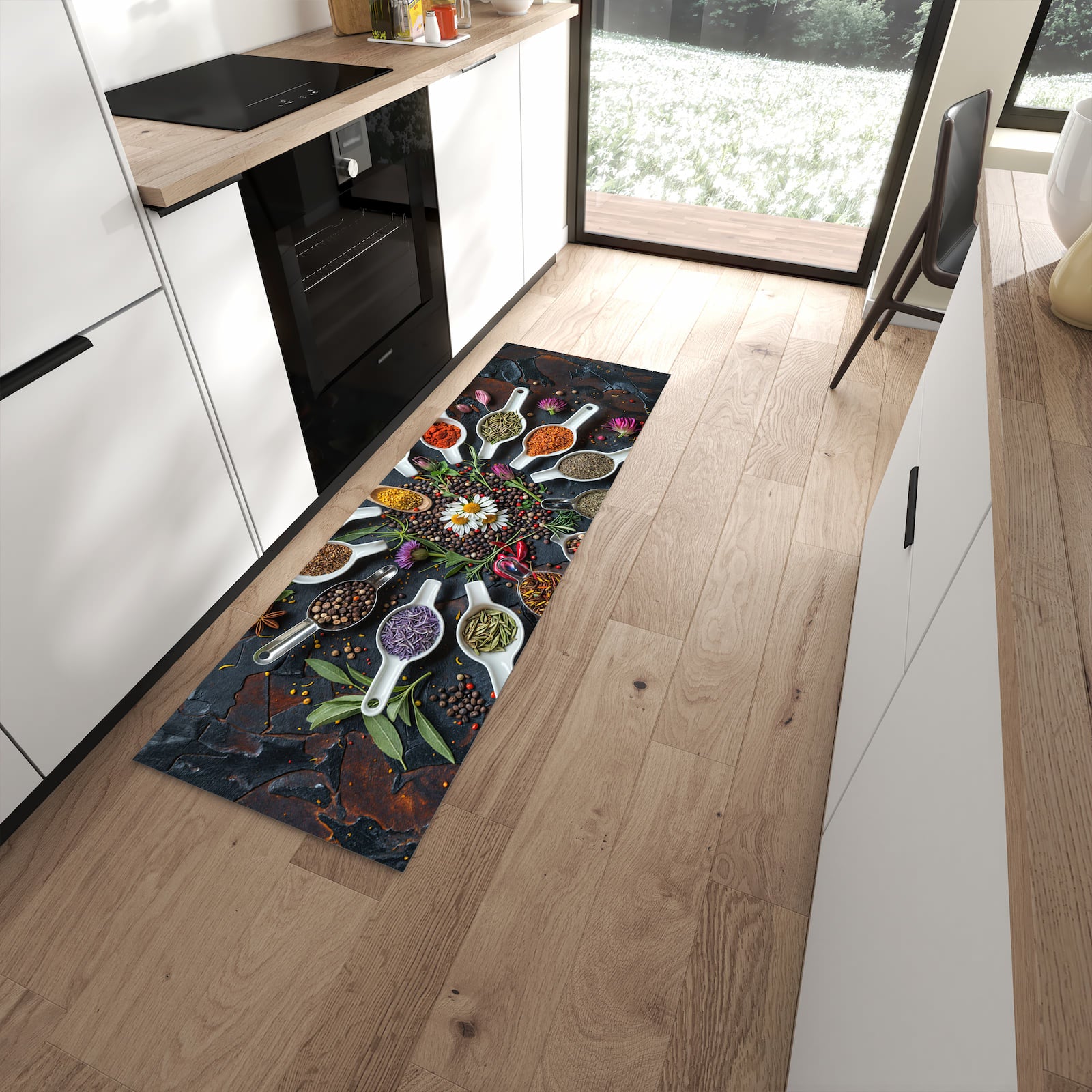 Waschbarer Küchenteppich mit Motiv Kräuter und Gewürze in moderner Küche