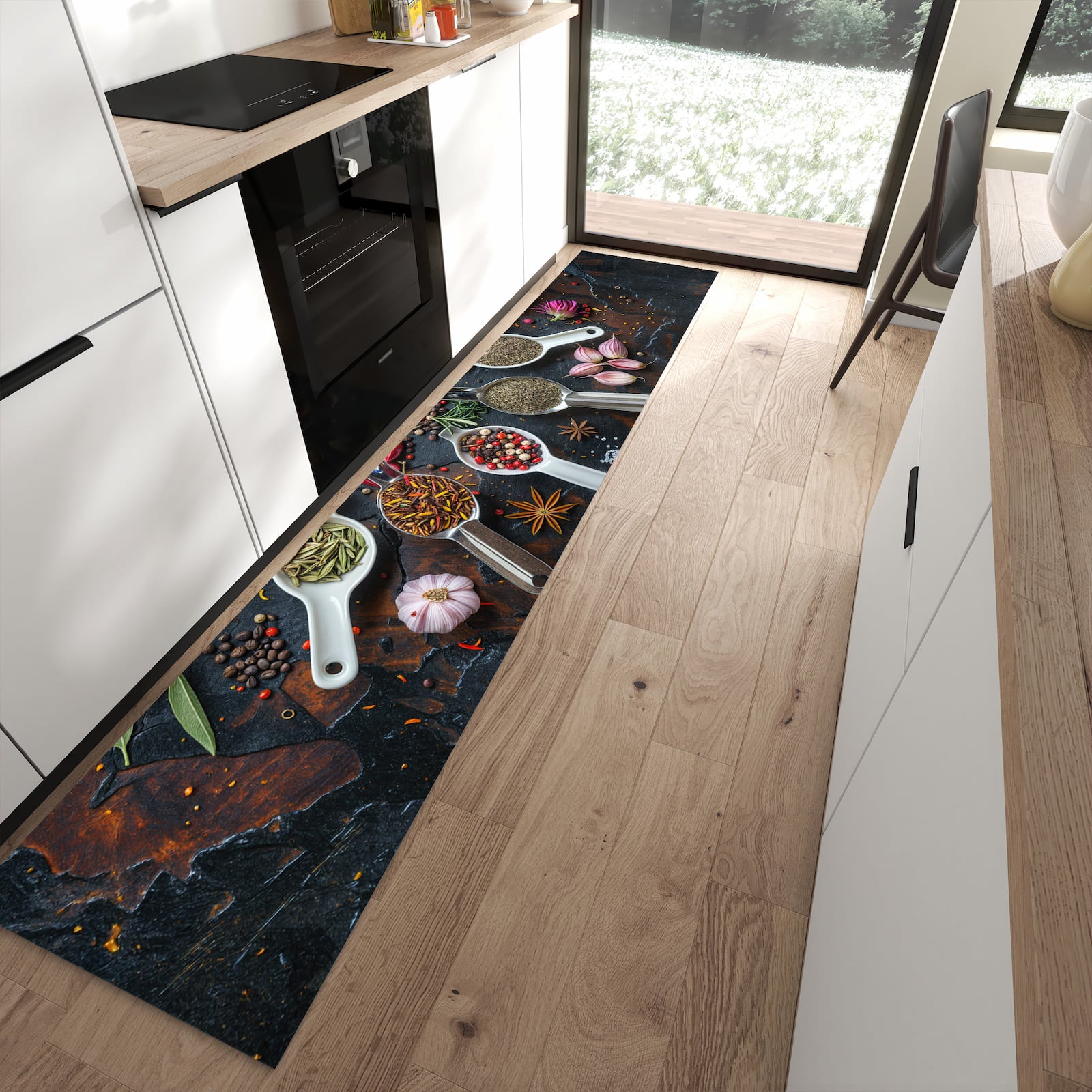 Strapazierfähiger Küchenläufer mit Motiv Kräuter und Gewürze in moderner Küche
