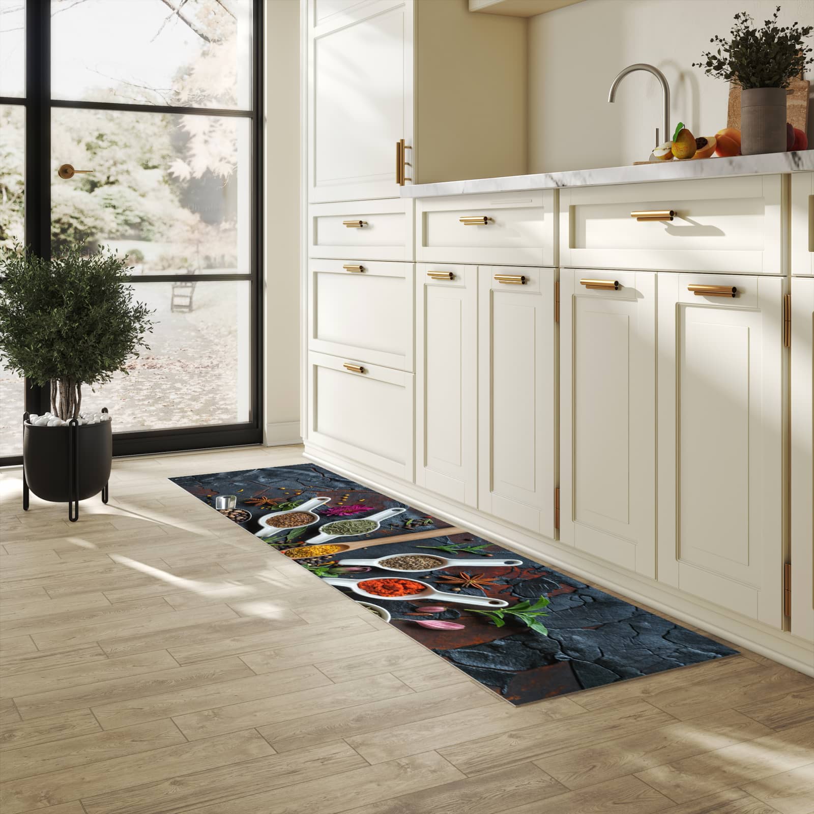 Geräuschdämpfender Küchenvorleger mit Motiv Kräuter und Gewürze in heller Küche