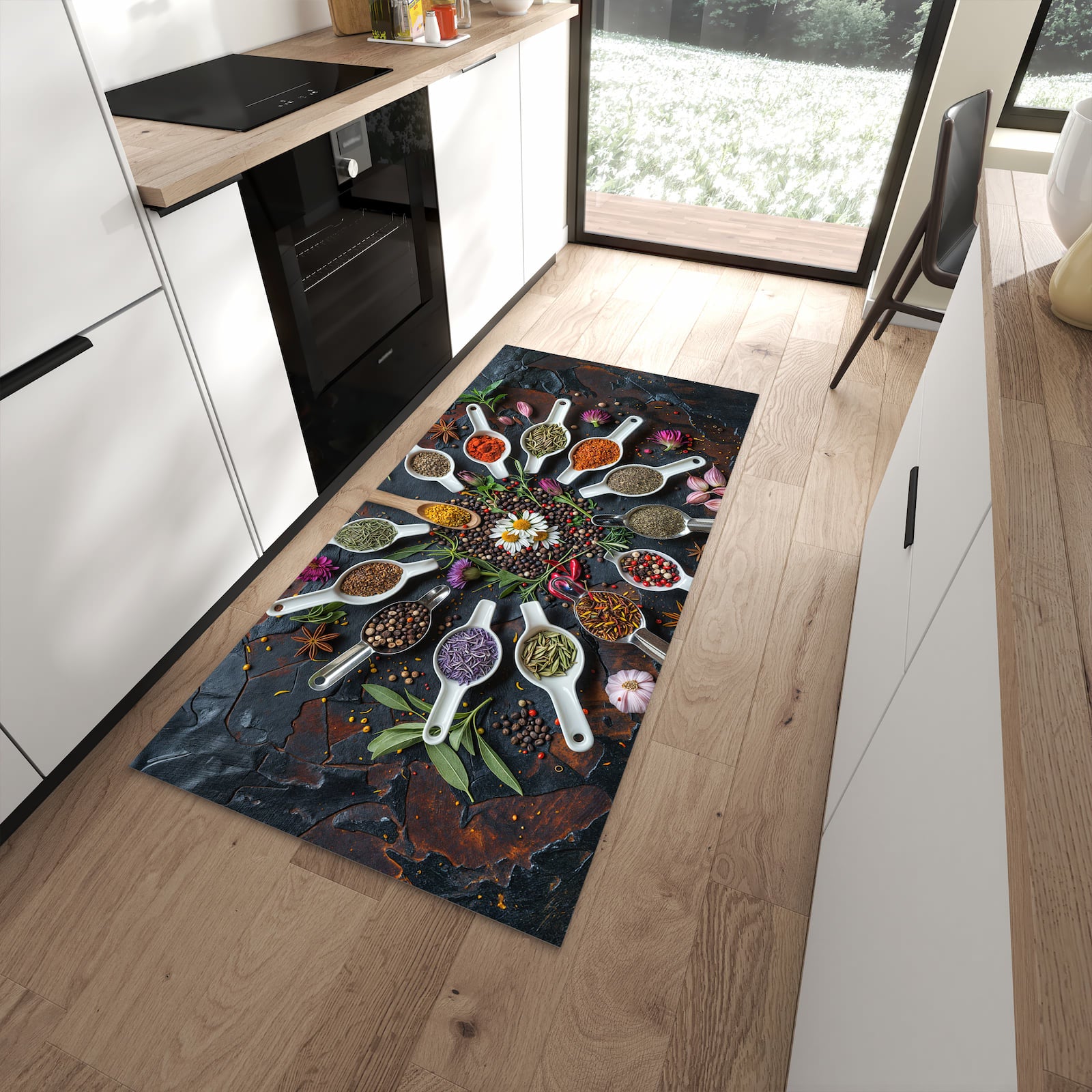 Ordnungsschaffender Küchenläufer mit Motiv Kräuter und Gewürze in moderner Küche