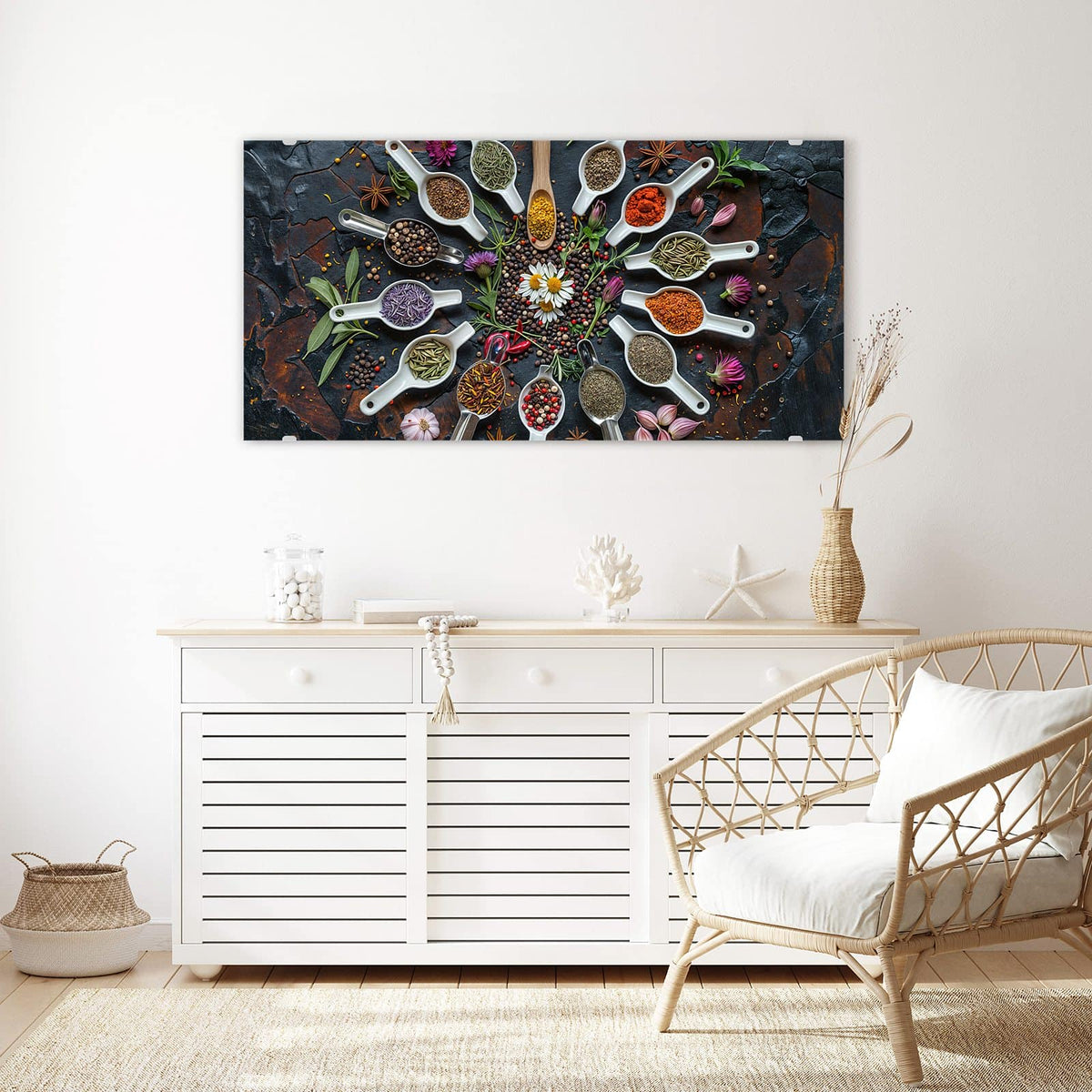 Echtglas, 4 mm – kein Acryl, keine Folie – Wandbild - Gewürzkreis mit Löffeln - Querformat