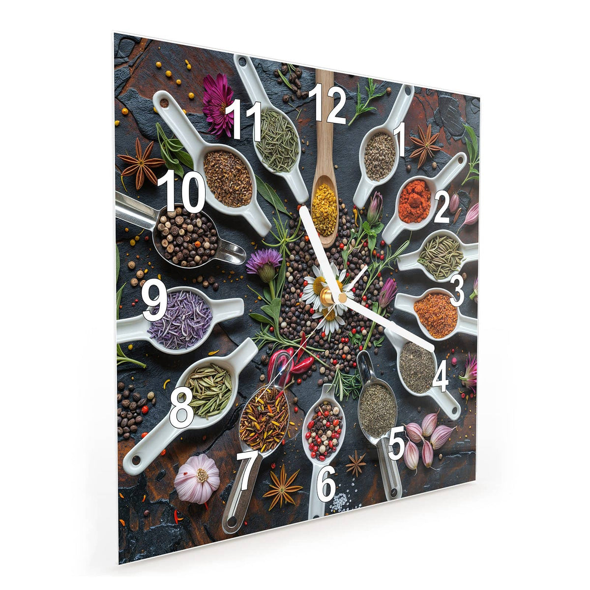 Vormontiert – mit Schwebeeffekt – Wanduhr Kräuter und Gewürze aus Glas – Quadratisch 30 × 30 cm