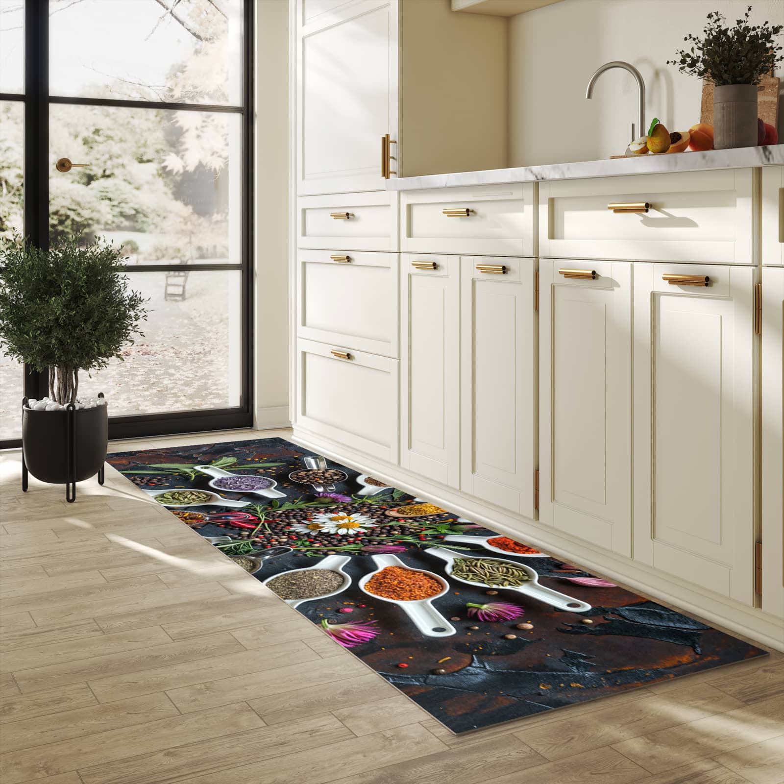 Schmutzabweisender waschbarer Küchenläufer mit Motiv Kräuter und Gewürze in heller Küche