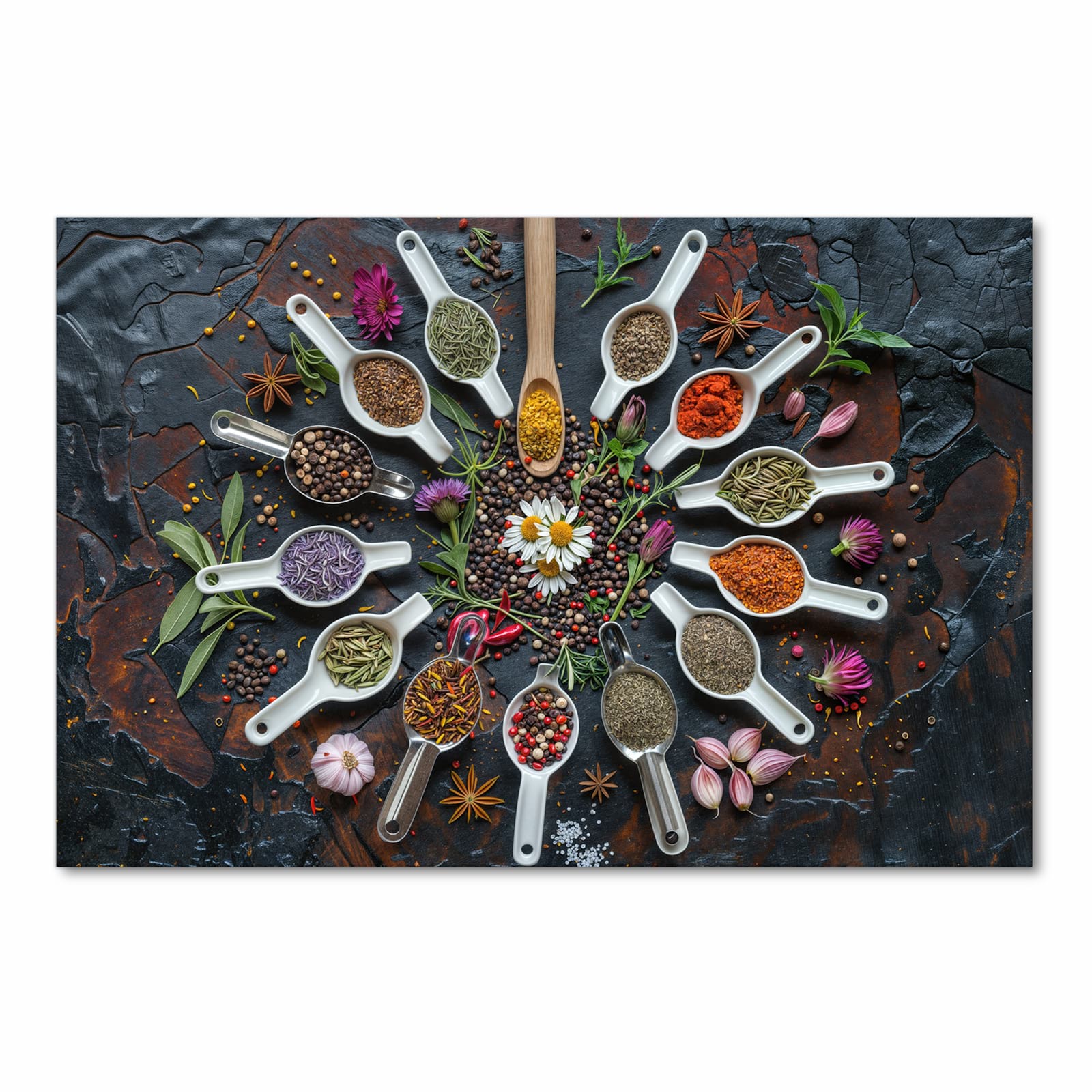 Feuchtigkeitsresistenter dünner Teppich mit Motiv Kräuter und Gewürze in Frontansicht, waschbar