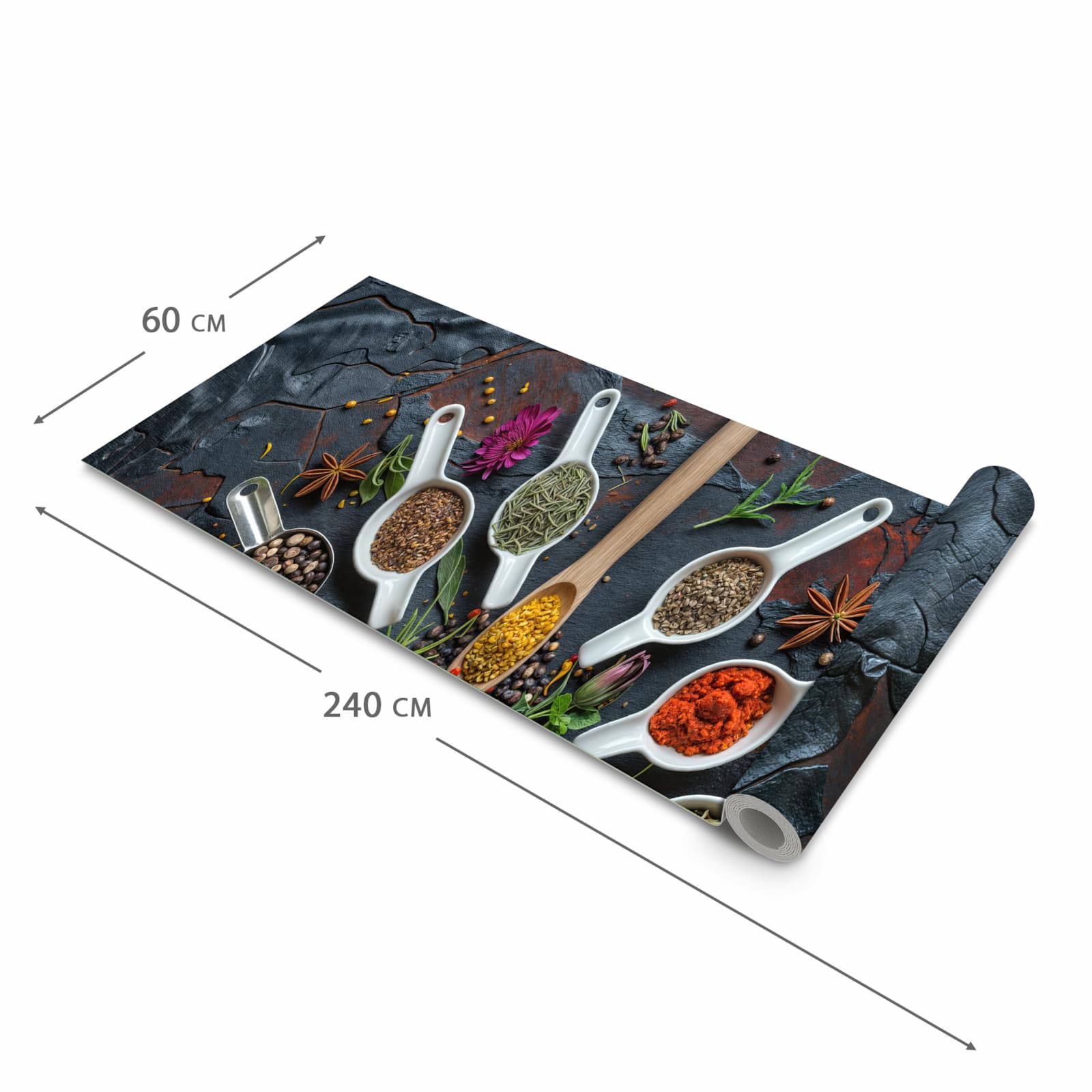 Geruchsneutraler Küchenläufer mit Motiv Kräuter und Gewürze in der Grösse 60x120 cm