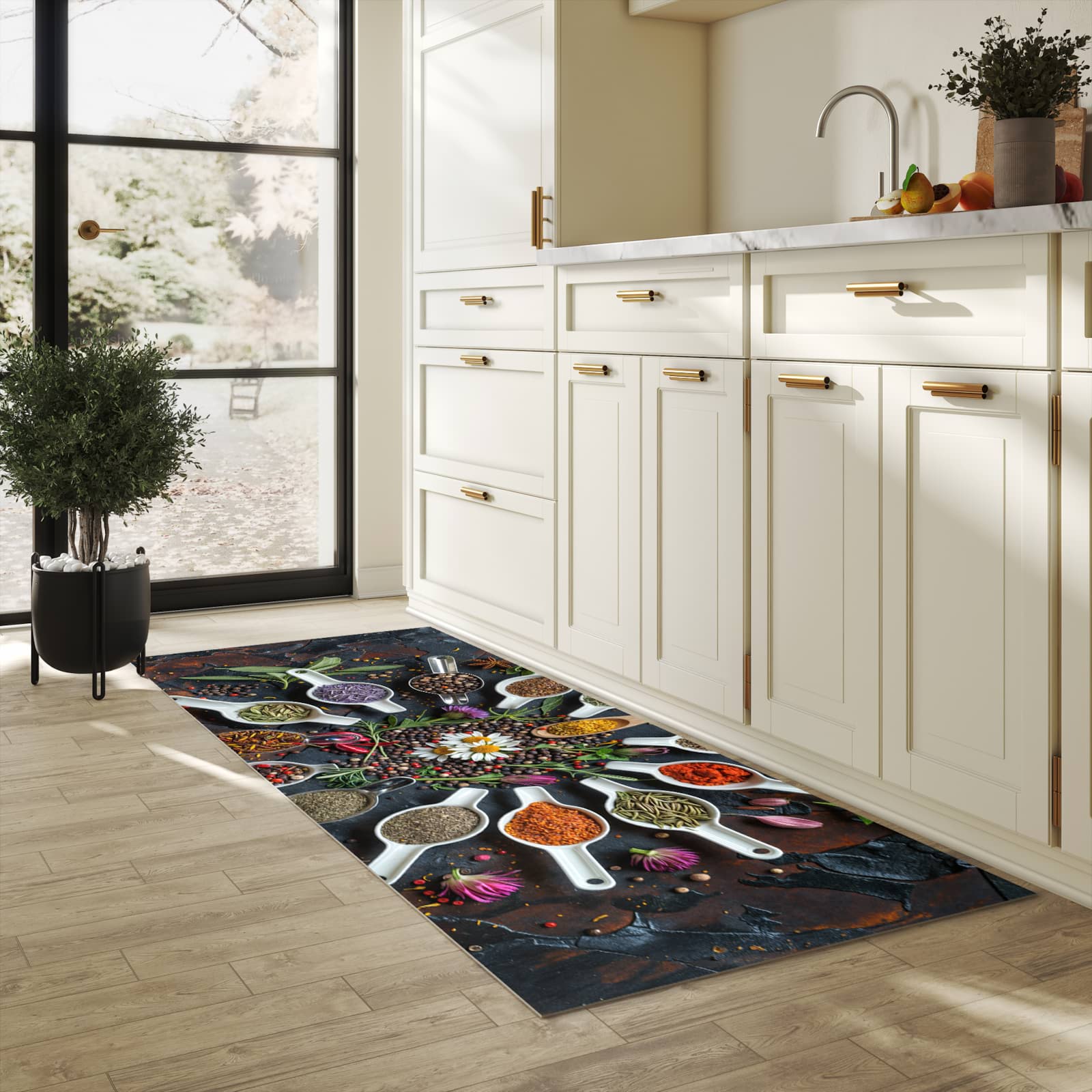 Flacher Läufer mit Motiv Kräuter und Gewürze für rutschfesten Halt in heller Küche