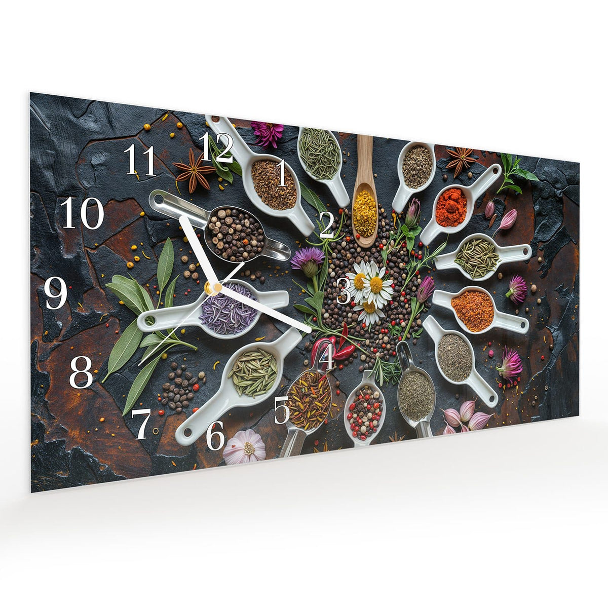 Vormontiert – mit Schwebeeffekt – Wanduhr Kräuter und Gewürze aus Glas – Querformat 60 × 30 cm