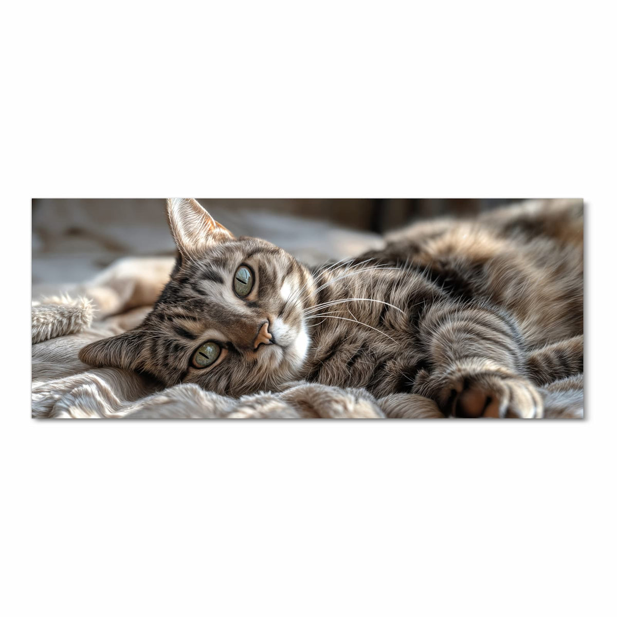 Getigerte Katze liegt entspannt auf einer hellen Decke und blickt zur Seite