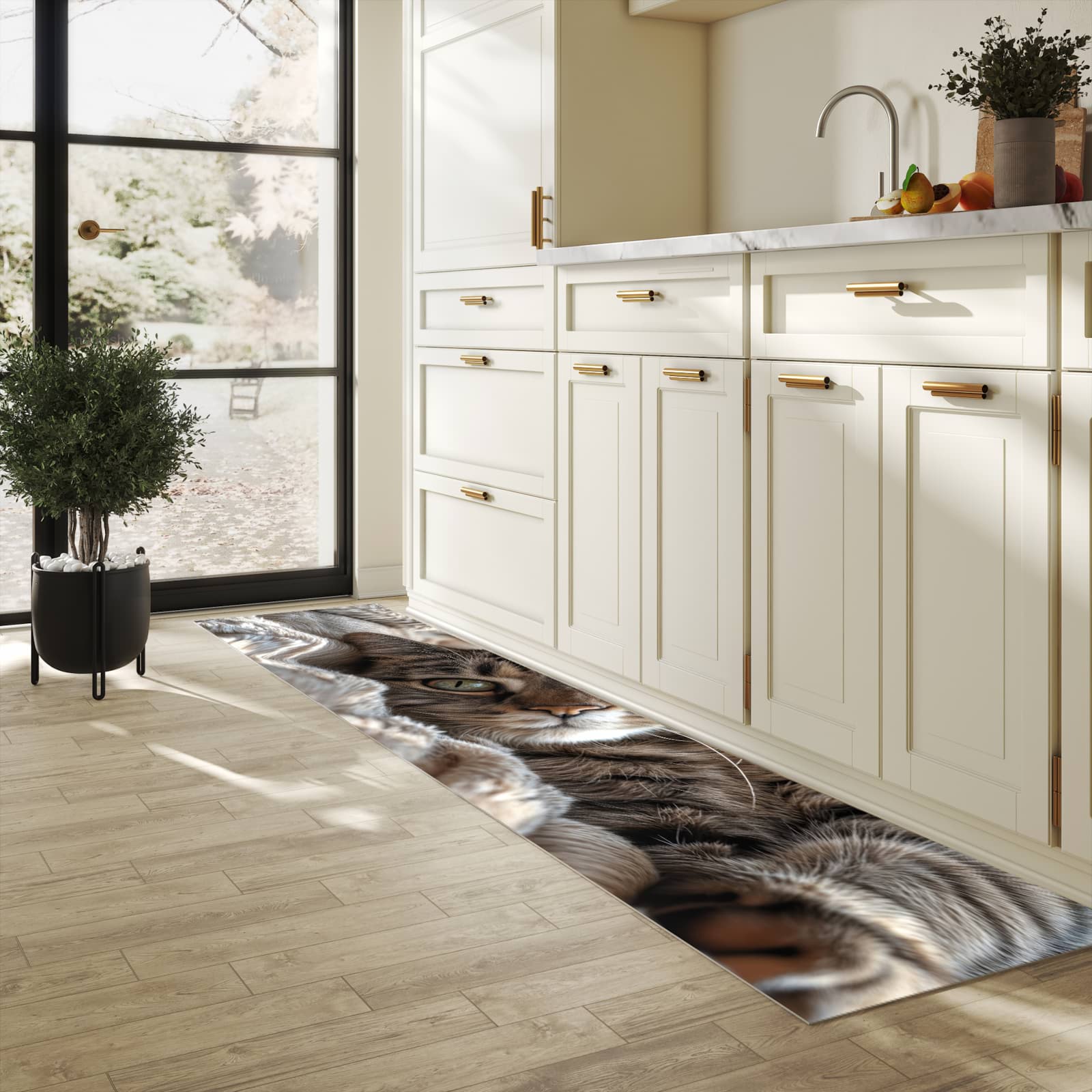 Waschbarer Küchenteppich mit Motiv Gemütliche Katze in heller Küche