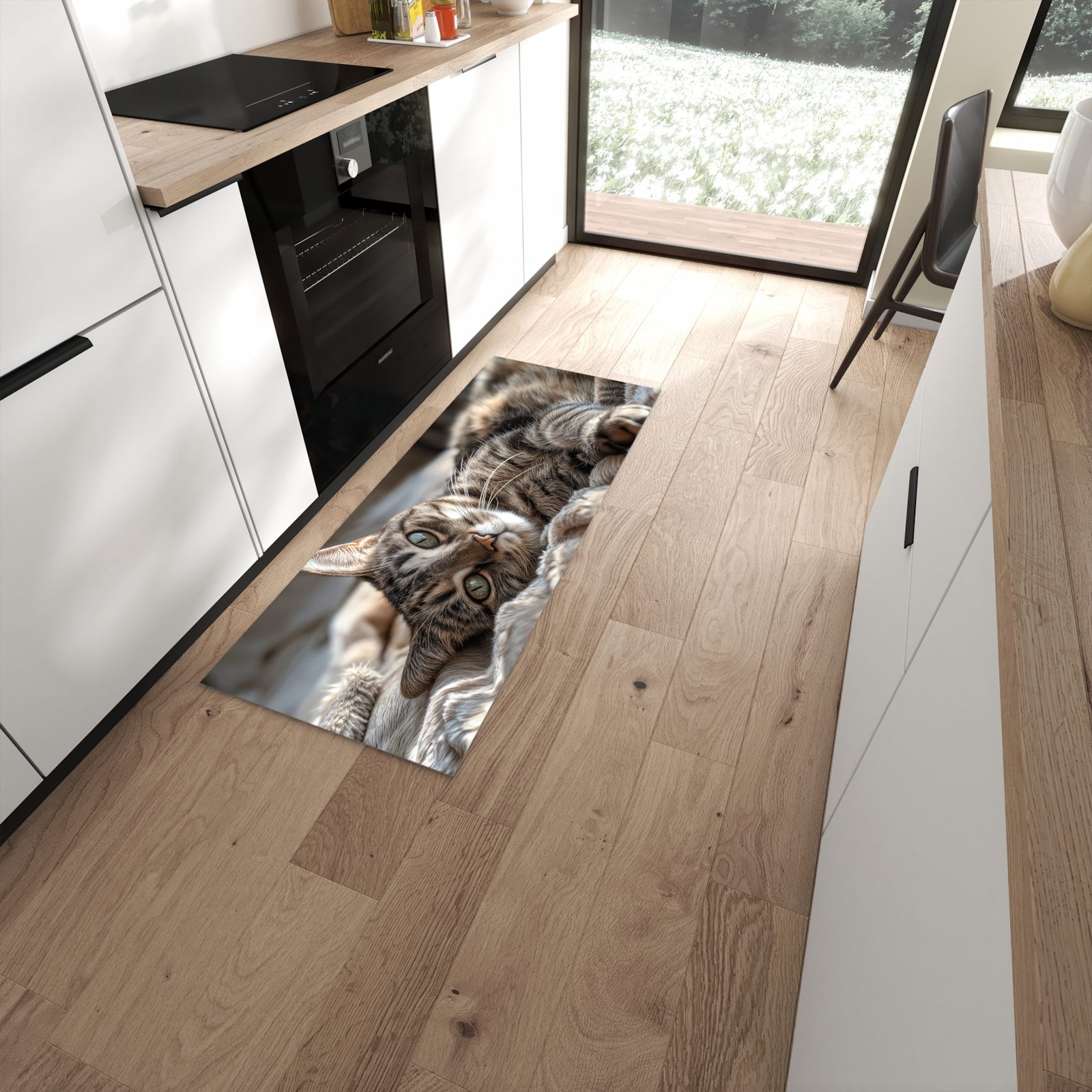 Waschbarer Teppich fürs Esszimmer mit Motiv Gemütliche Katze in moderner Küche #grösse_60 x 150 cm