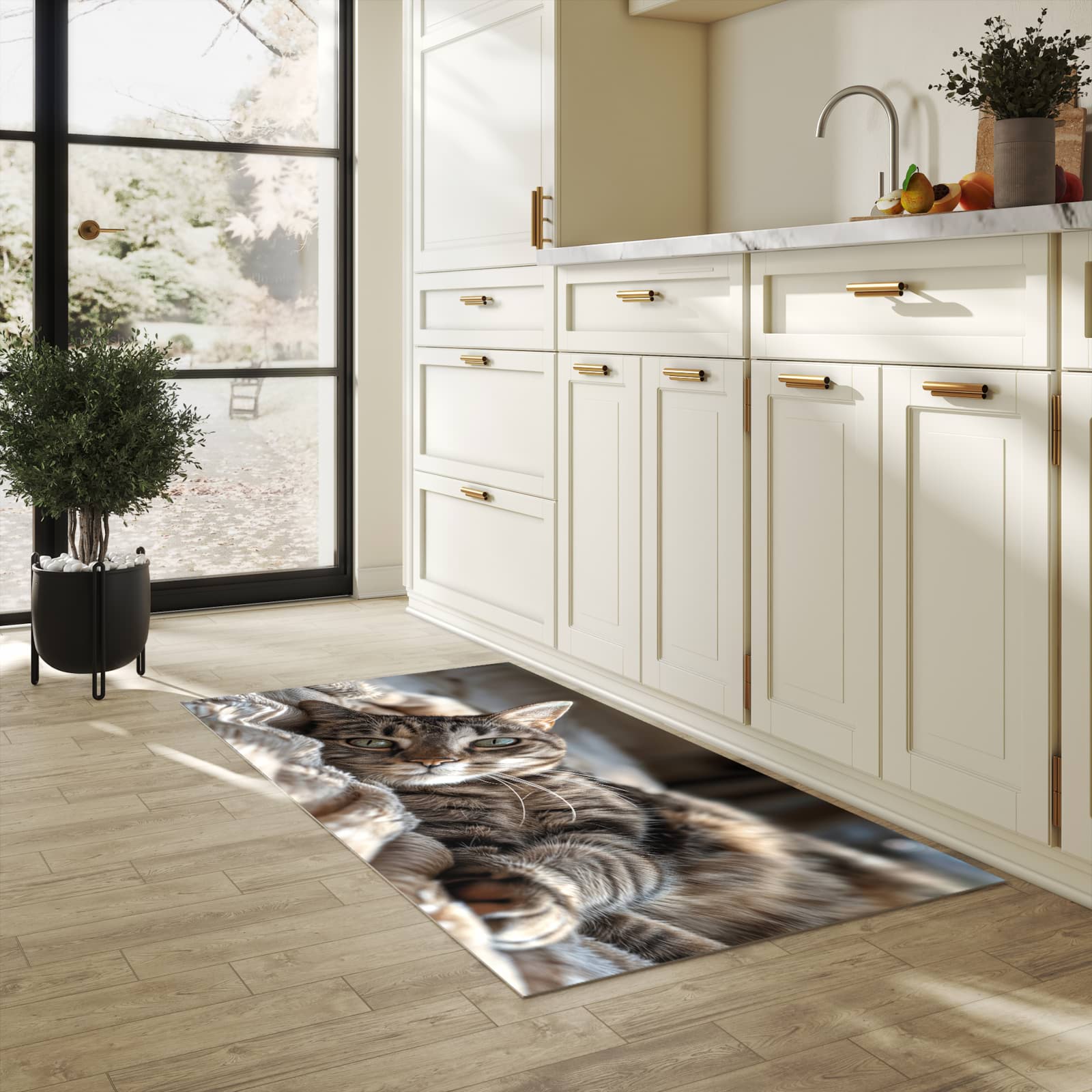 Bodenschonender Küchenteppich mit Motiv Gemütliche Katze in heller Küche