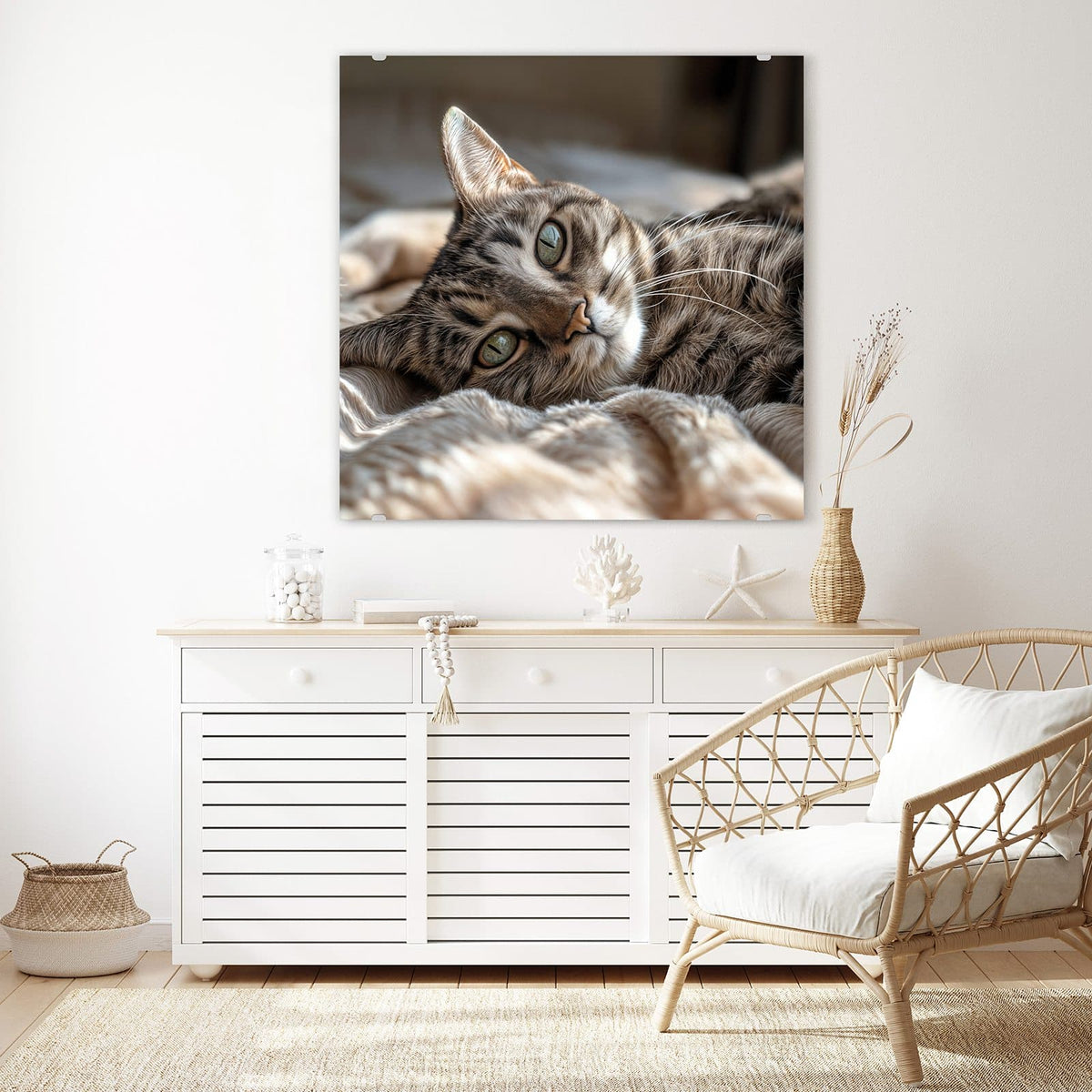 Echtglas, 4 mm – kein Acryl, keine Folie – Wandbild - Gemütliche Katze - Quadratisch