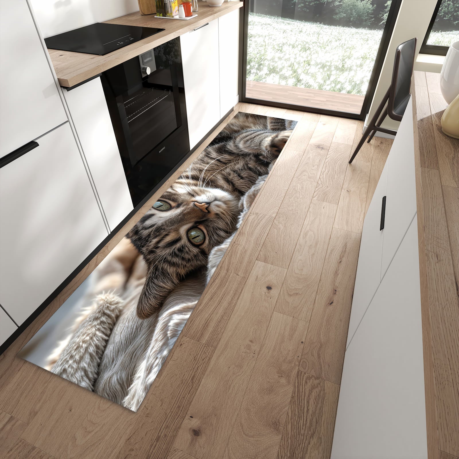 UV-beständiger Bodenläufer mit Motiv Gemütliche Katze in moderner Küche