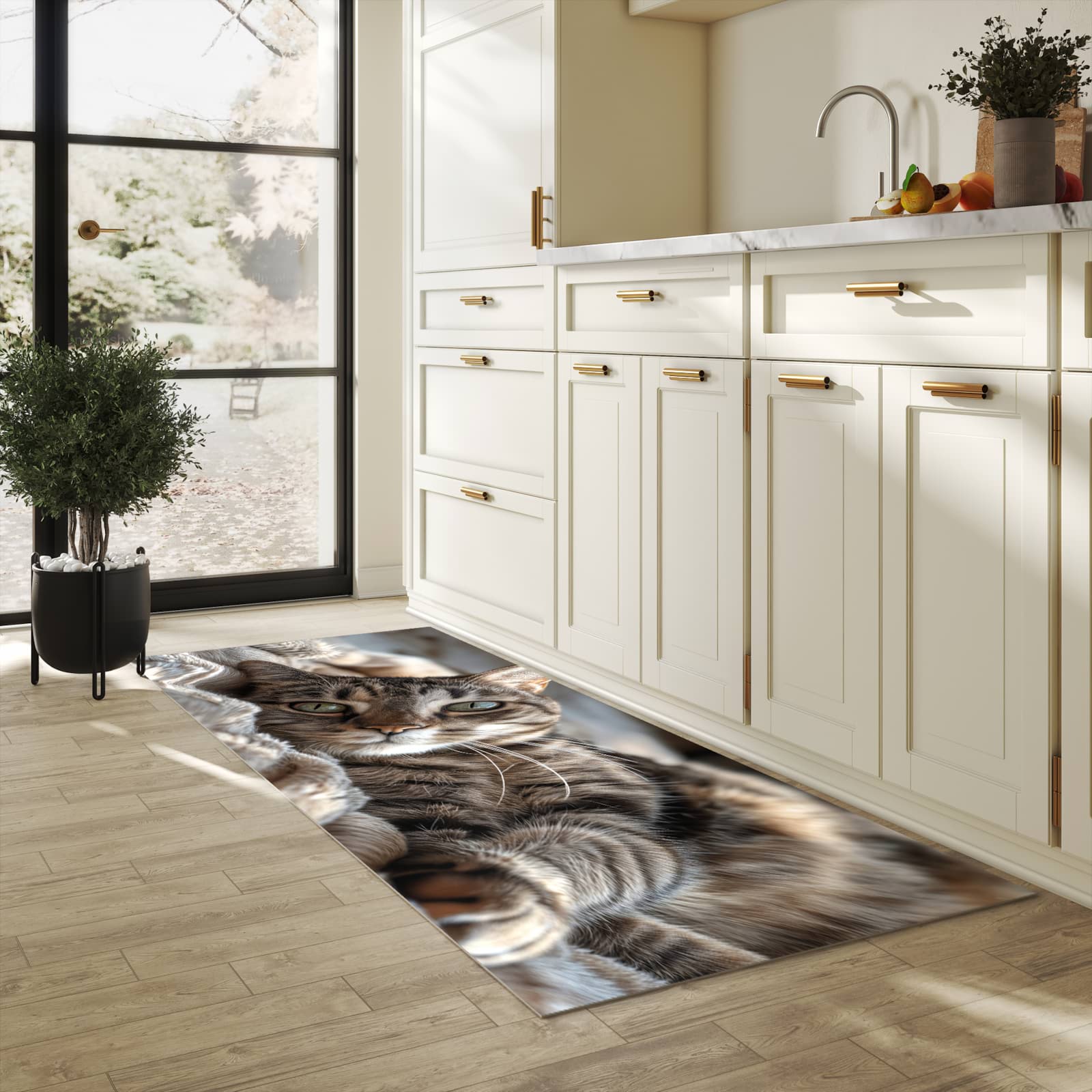 Farbbeständiger Läufer für die Küche mit Motiv Gemütliche Katze in heller Küche