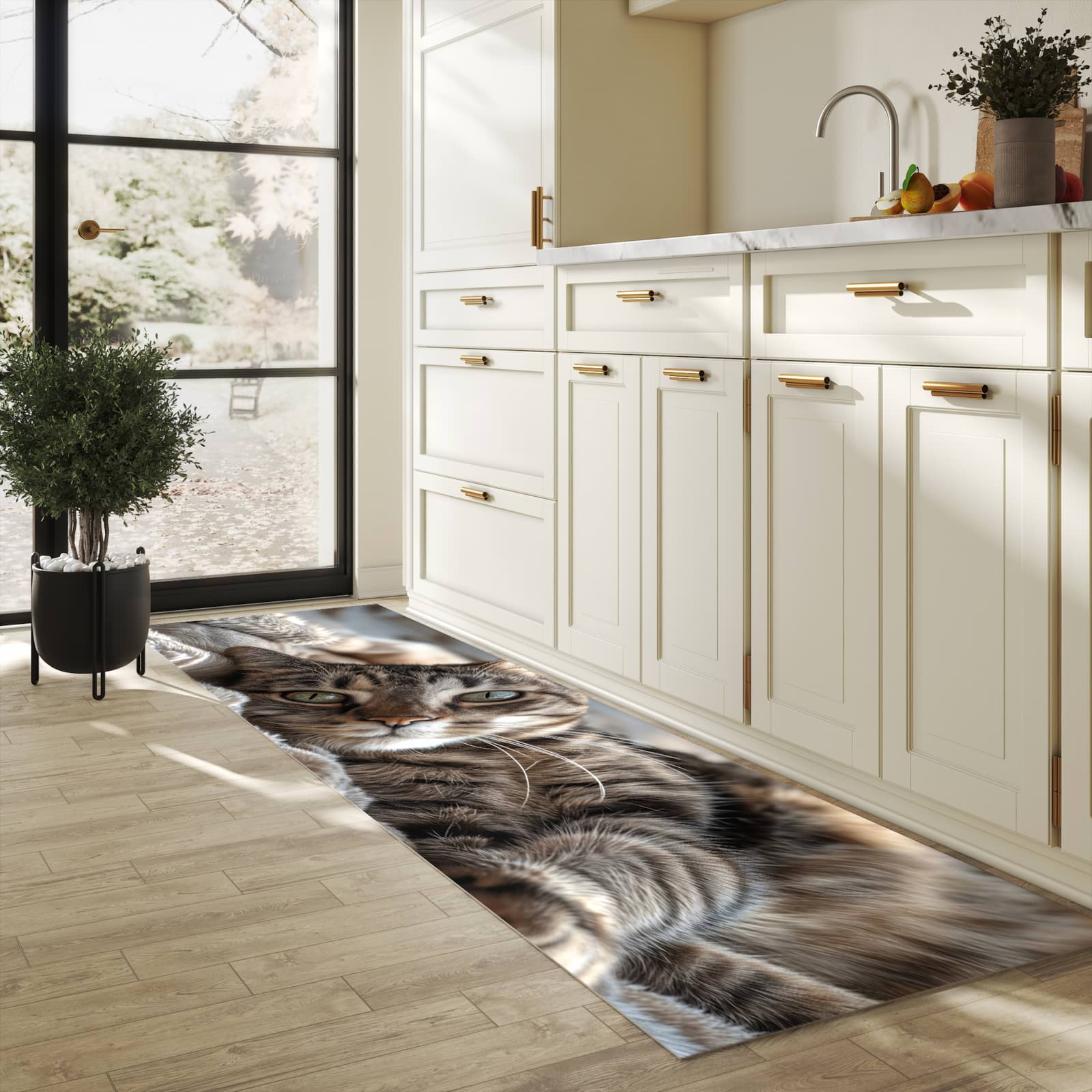 Küchenteppich mit Motiv Gemütliche Katze für Ordnung & Übersicht in heller Küche