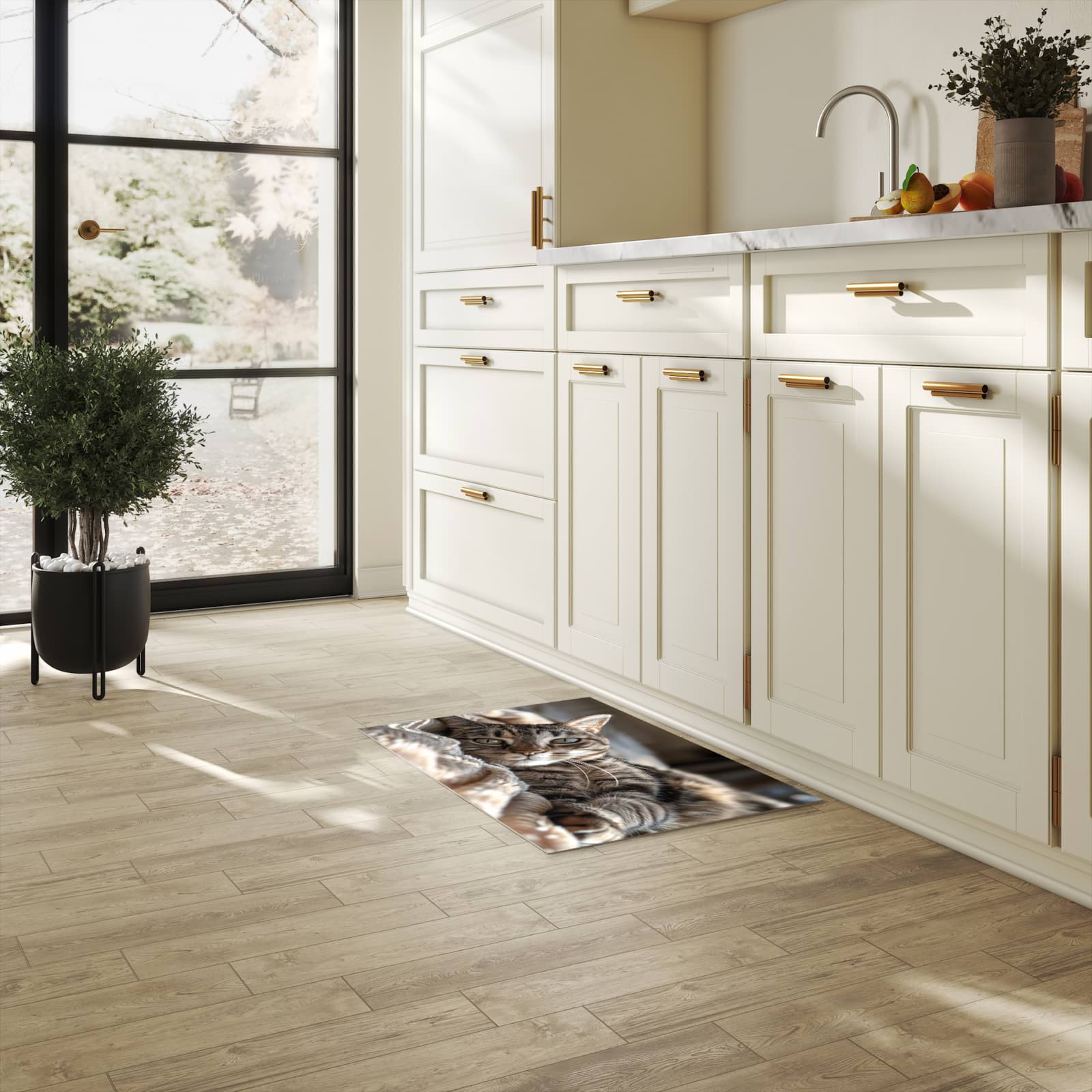 Langlebiger Küchenteppich mit Motiv Gemütliche Katze in heller Küche