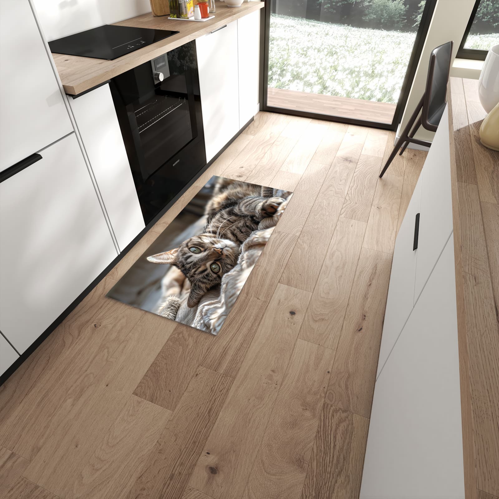 Waschbarer Küchenteppich mit Motiv Gemütliche Katze in moderner Küche für sichere Aufbewahrung #grösse_60 x 120 cm